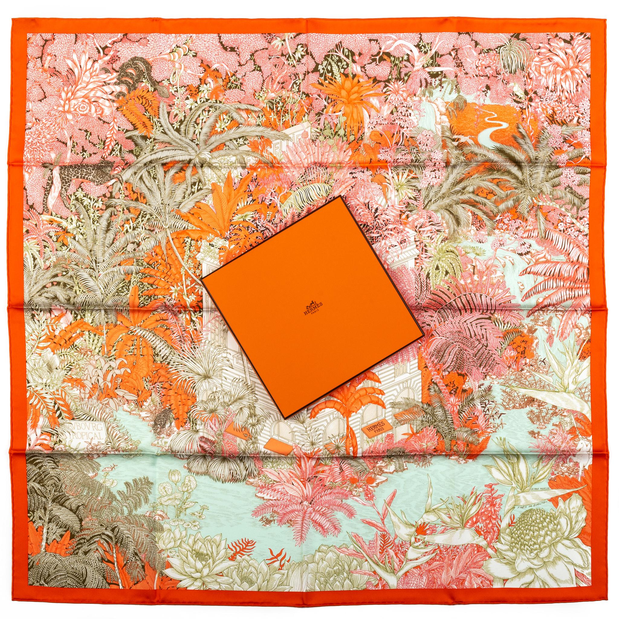 Hermès collectible tropical garden orange and pink silk scarf. Hand-rolled edges. New in box.
