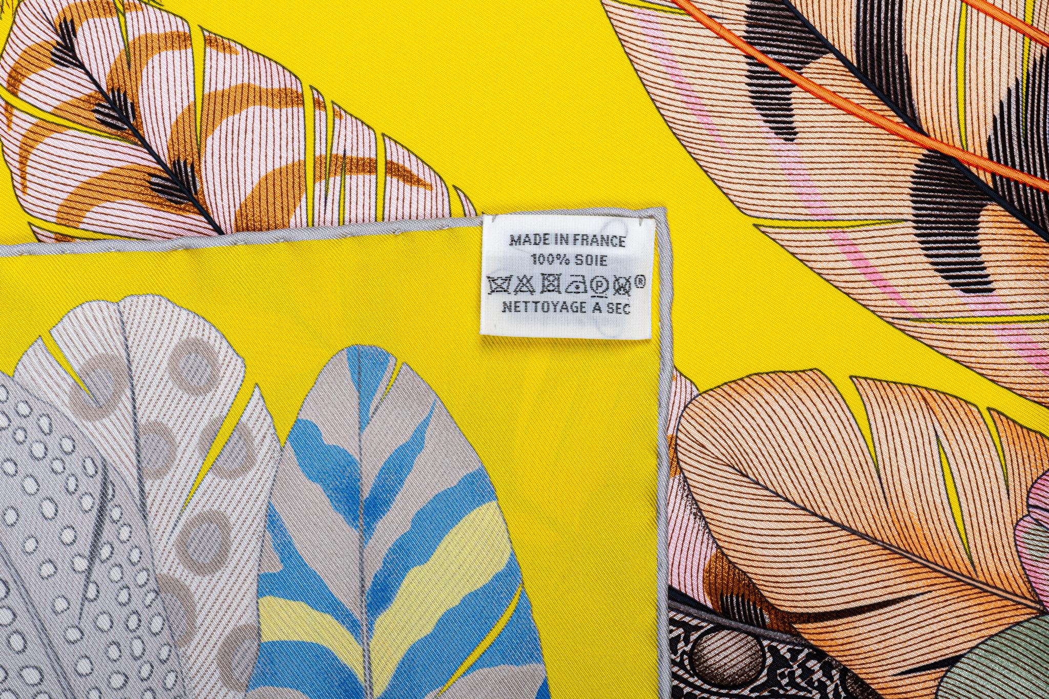 New in Box Hermes Yellow Feathers Silk Scarf In New Condition For Sale In West Hollywood, CA