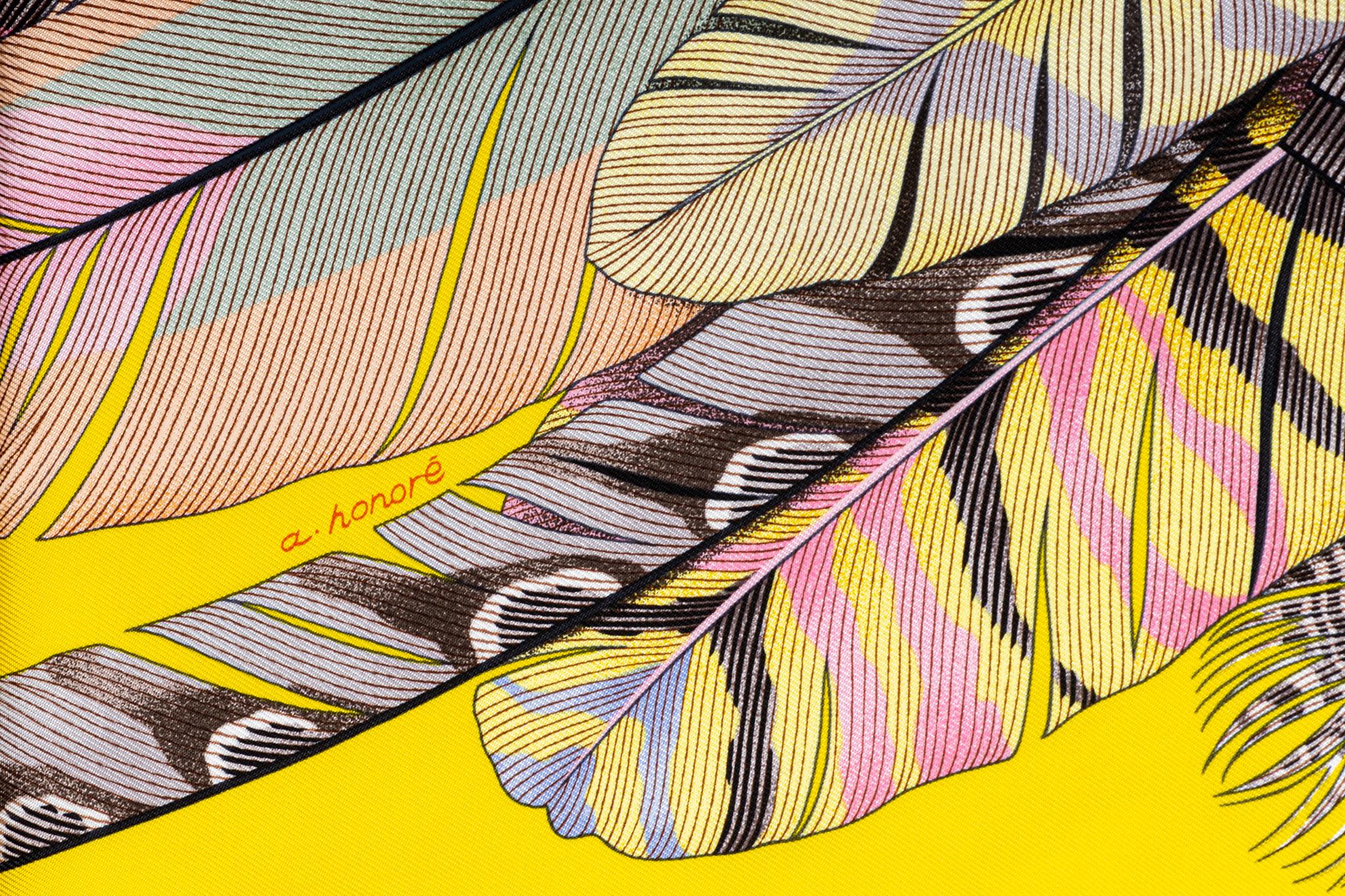 New in Box Hermes Yellow Feathers Silk Scarf For Sale 1