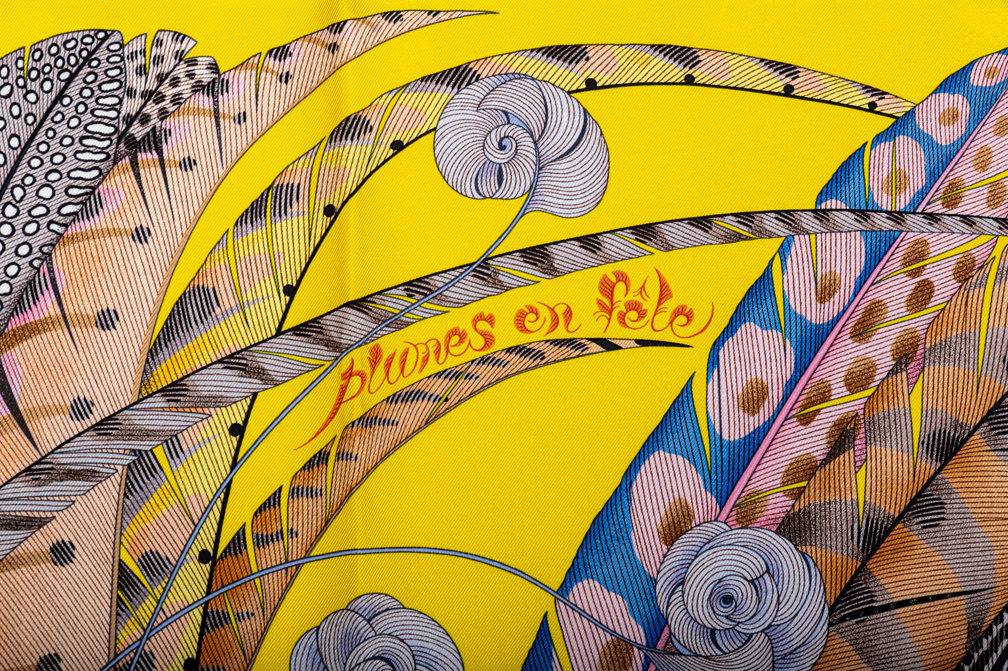 New in Box Hermes Yellow Feathers Silk Scarf For Sale 2