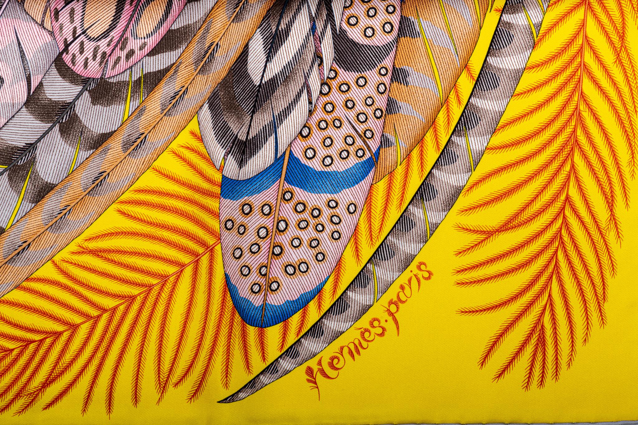 New in Box Hermes Yellow Feathers Silk Scarf For Sale 3