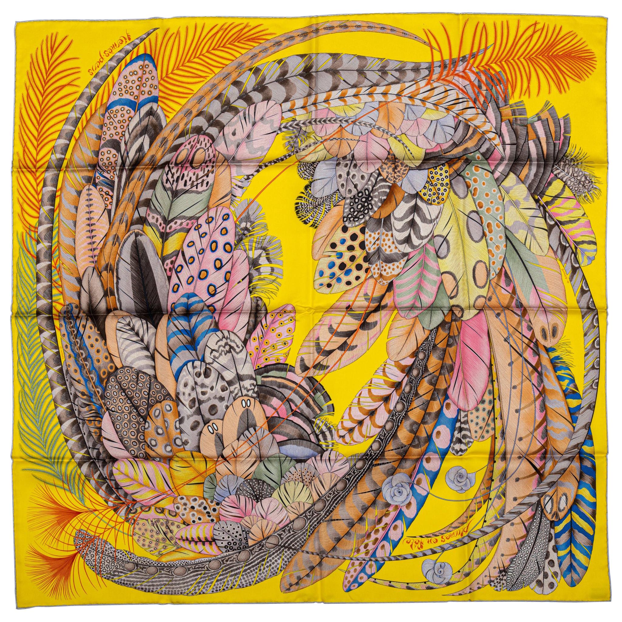 New in Box Hermes Yellow Feathers Silk Scarf For Sale