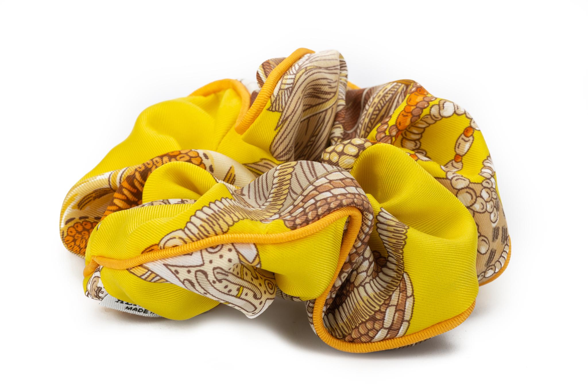 Hermes brand new in box yellow silk scrunchie. Patchwork de sole imprimee.