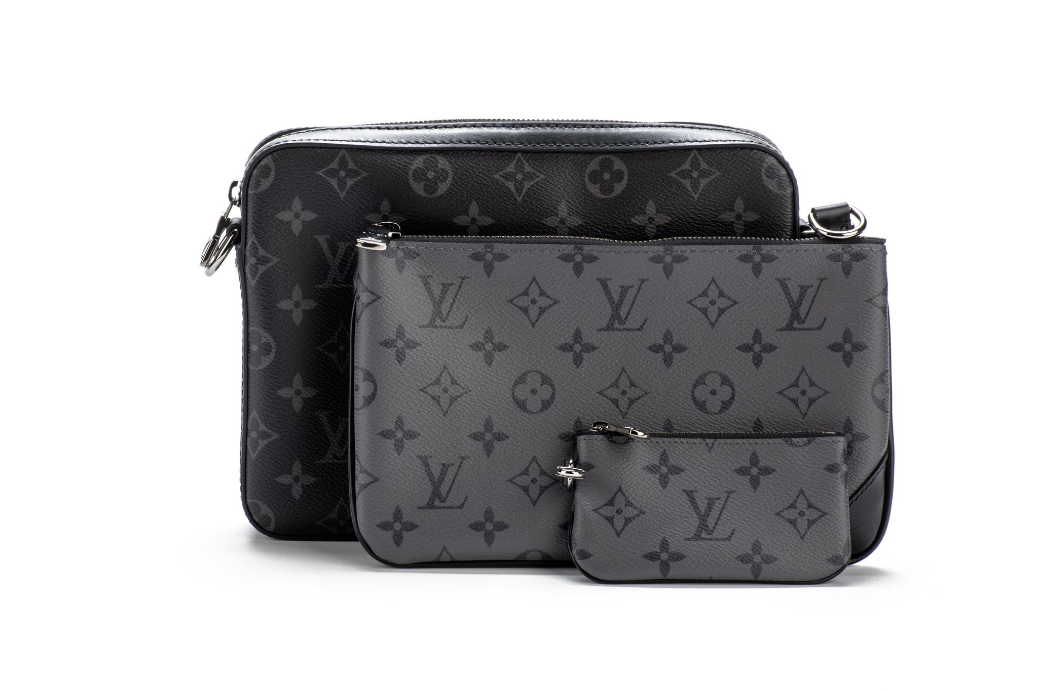 Louis Vuitton hot season ticket multi pochette in coated monogram canvas in black and gray combo. Sold out worldwide. Gentlemen's style. Composed of three detachable parts: cross body, pochette and round coin purse. Adjustable strap. Comes with dust