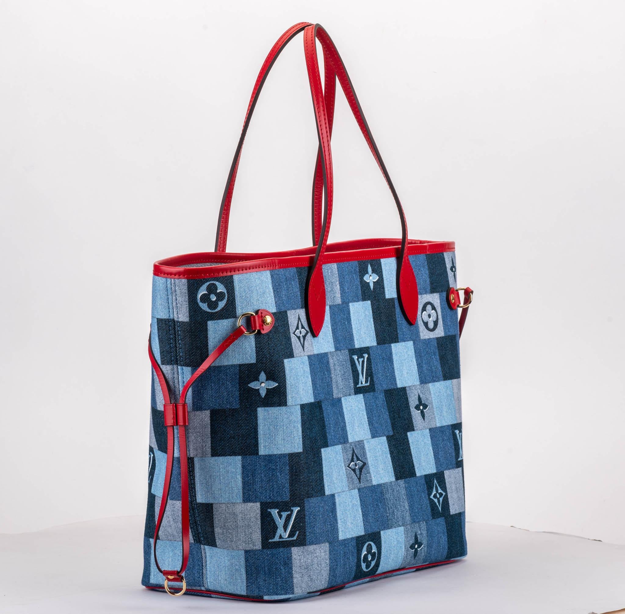 Louis Vuitton limited edition neverfull MM denim print. Red leather handles and finishes. Interior detachable pouch. Comes with dust cover and original box.