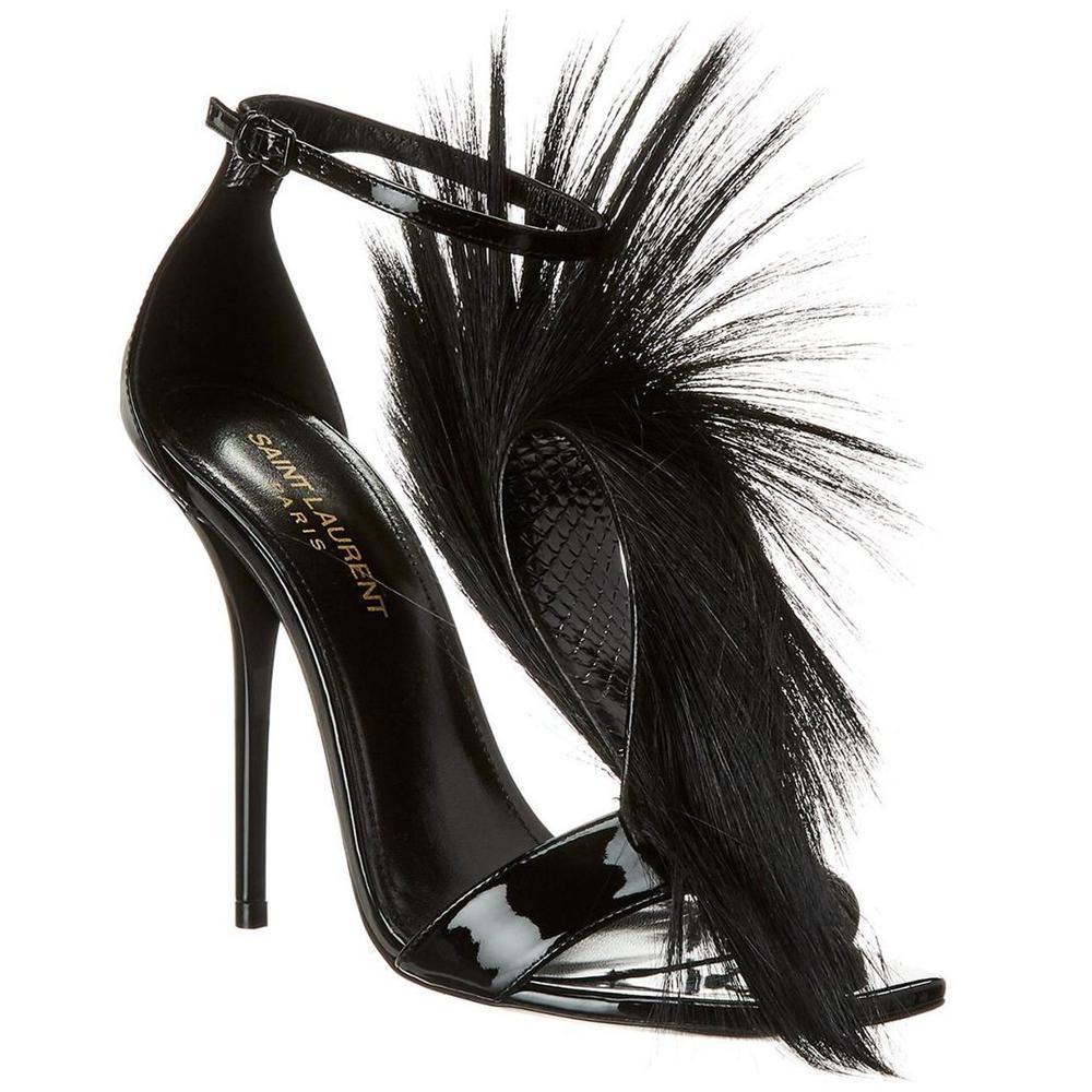 Black patent leather Jamie sandals from Saint Laurent with buckle fastening ankle strap, front strap with antelope tab, stiletto high heel, leather lining and sole.
Made in Italy. 
Color/material: black patent leather. 
Design details: Antelope fur