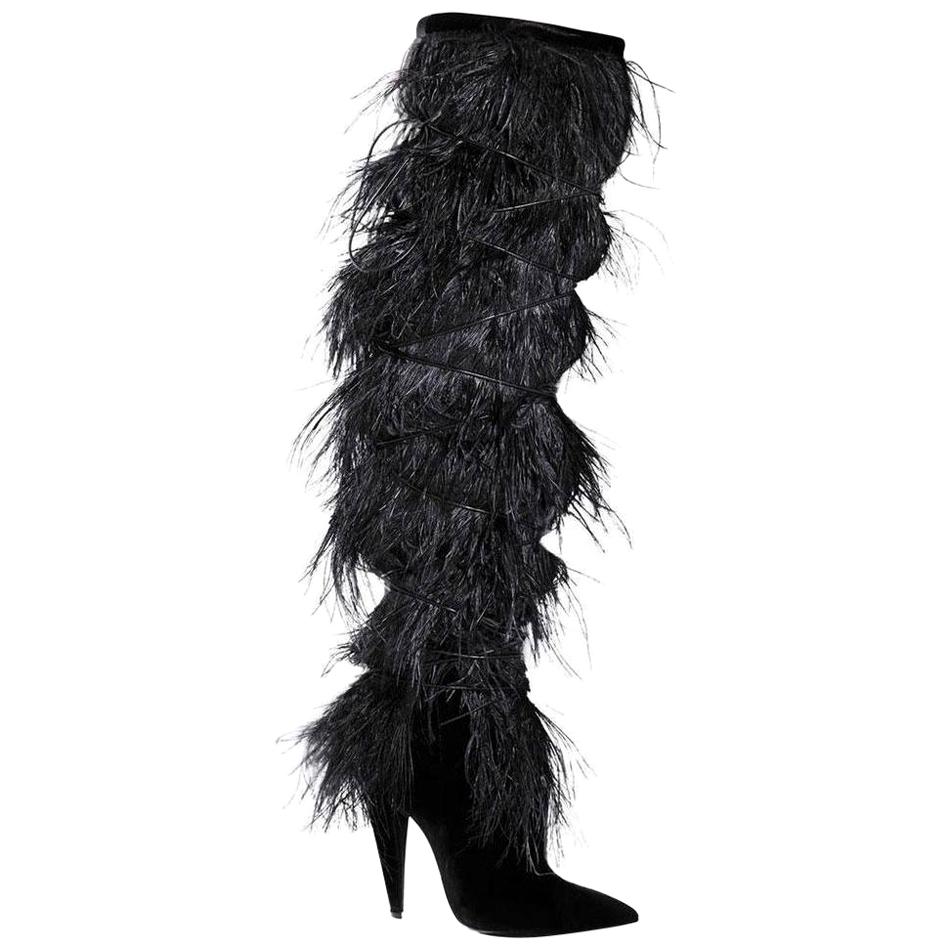 NEW in box YSL Saint Laurent Yeti Feather Over the Knee Boots sz EU37 For Sale