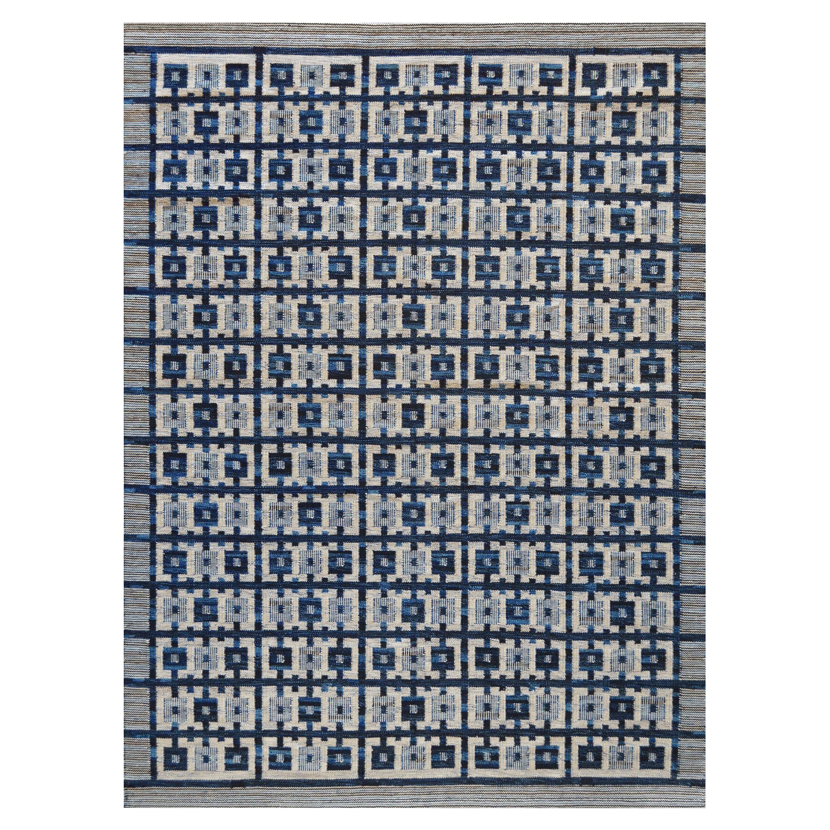 Nouveau tapis en laine tissée bleue d'inspiration suédoise en stock