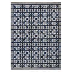 Nuovo tappeto in stock in lana a trama piatta blu di ispirazione svedese