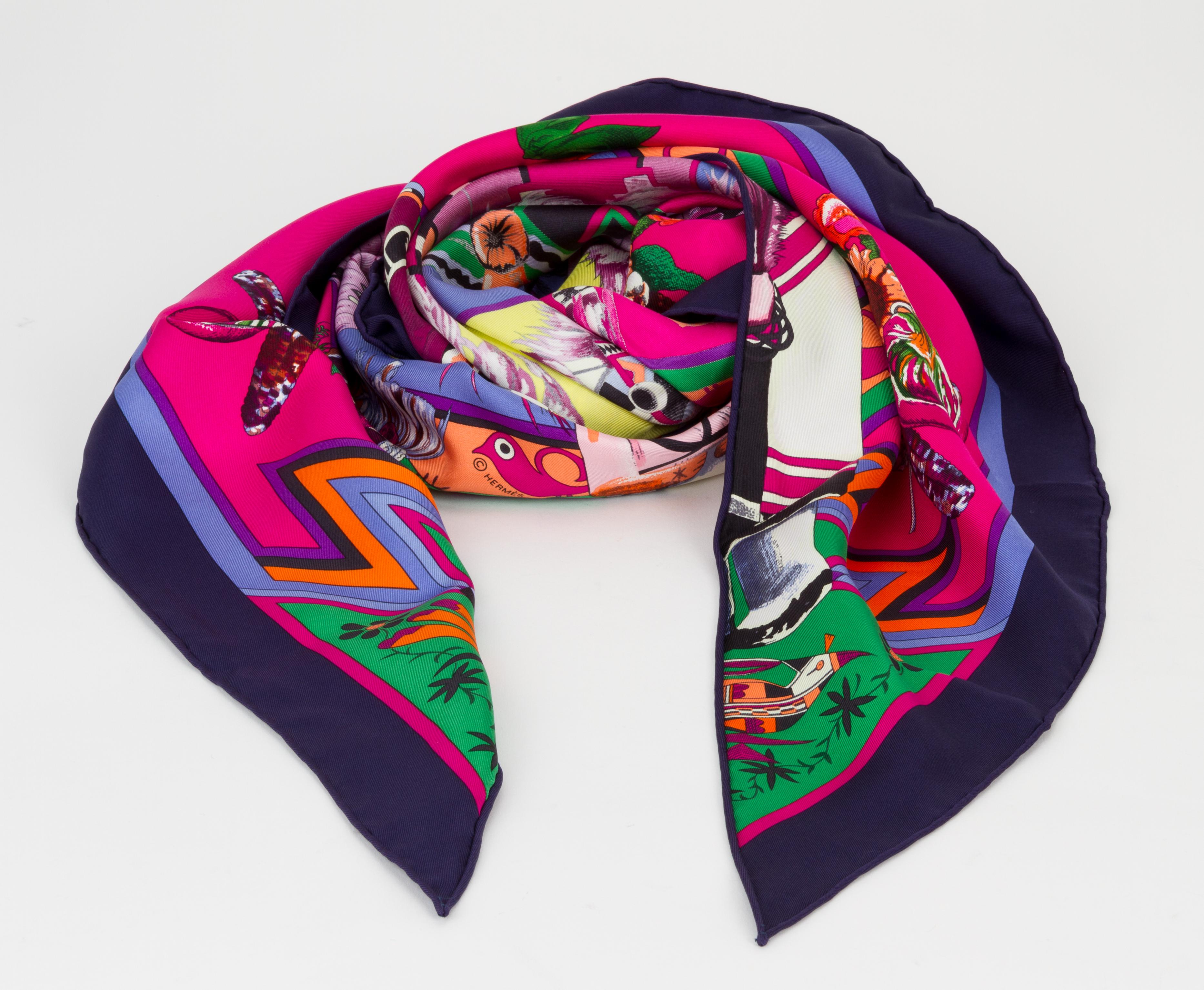 Hermès jaune vif and fuchsia silk pointe Kachinas shawl. Designed by Kermit Oliver . Hand-rolled edges. Brand new in original box included.