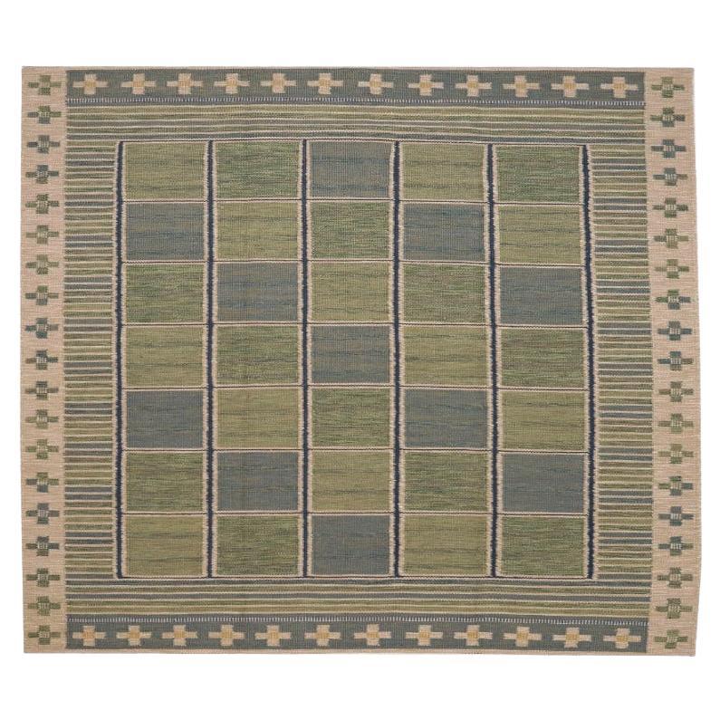 Tapis de collection suédois - Laine bleu vert ivoire - 96243 en vente