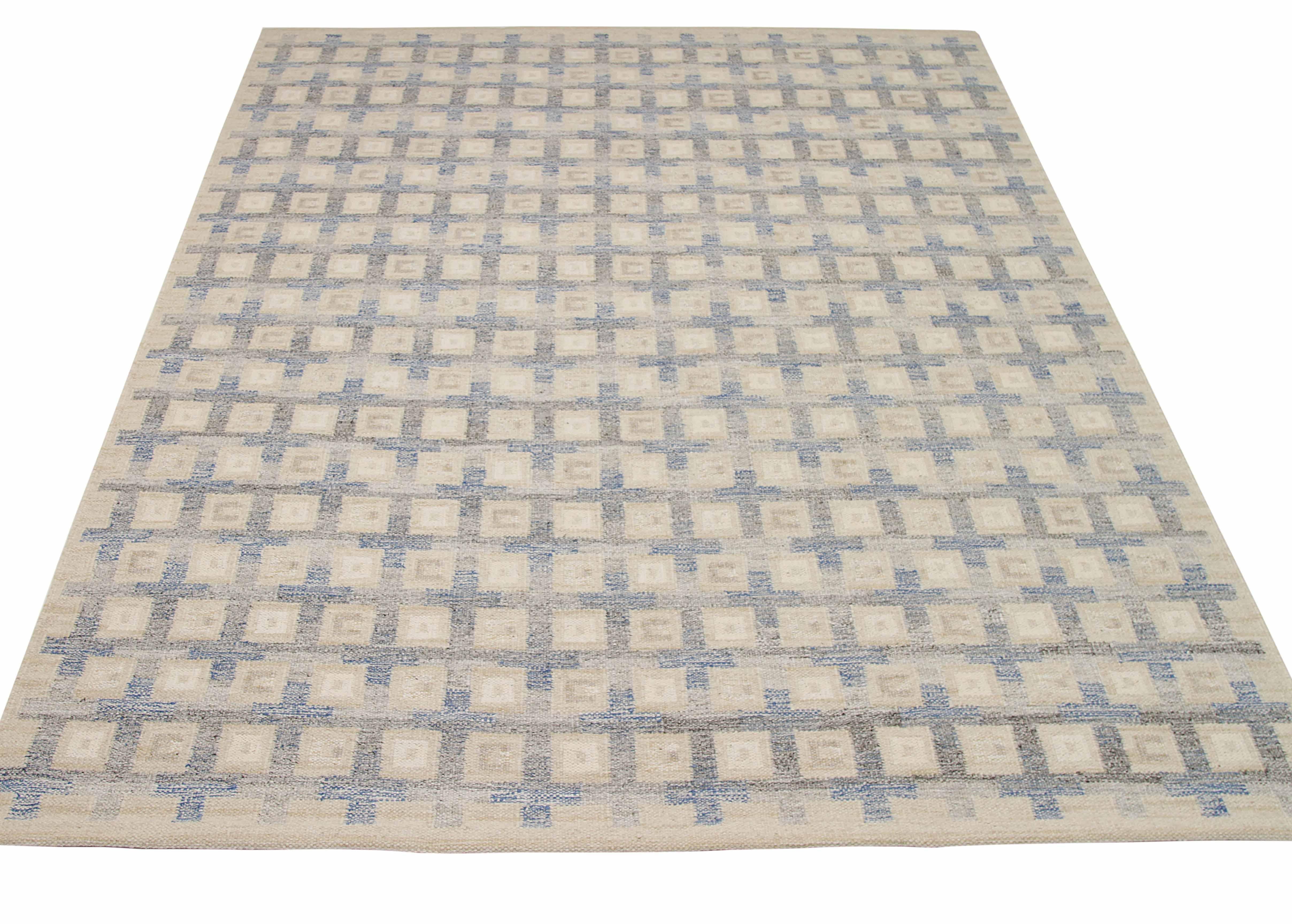 Nouveau tapis indien tissé à la main à partir de la meilleure laine de mouton. Il est coloré avec des colorants végétaux entièrement naturels, sans danger pour les humains et les animaux de compagnie. Il s'agit d'un design scandinave traditionnel