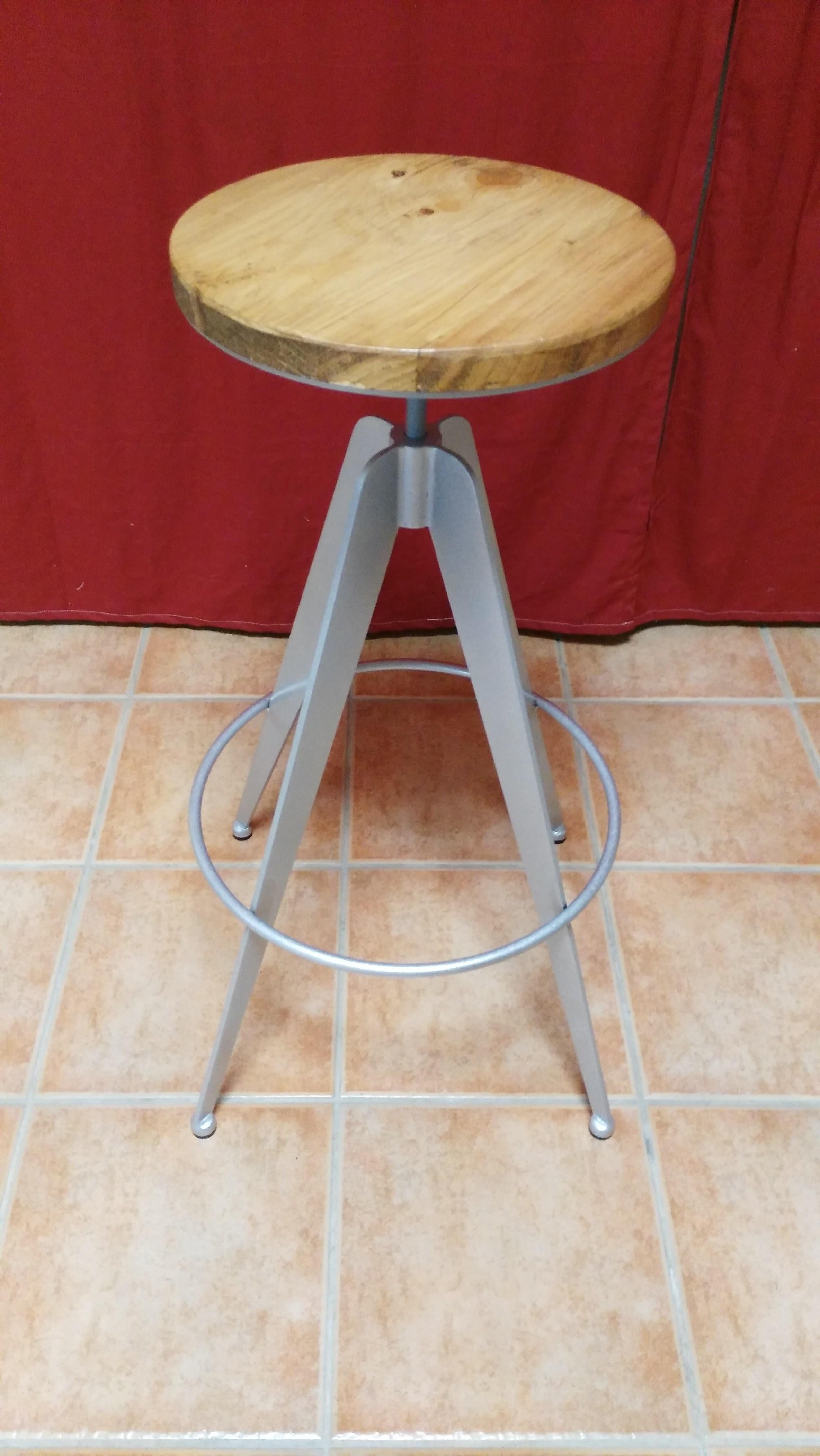 Spanish New Industrial Wrought Iron Shop Stool with Oak Seat For Sale