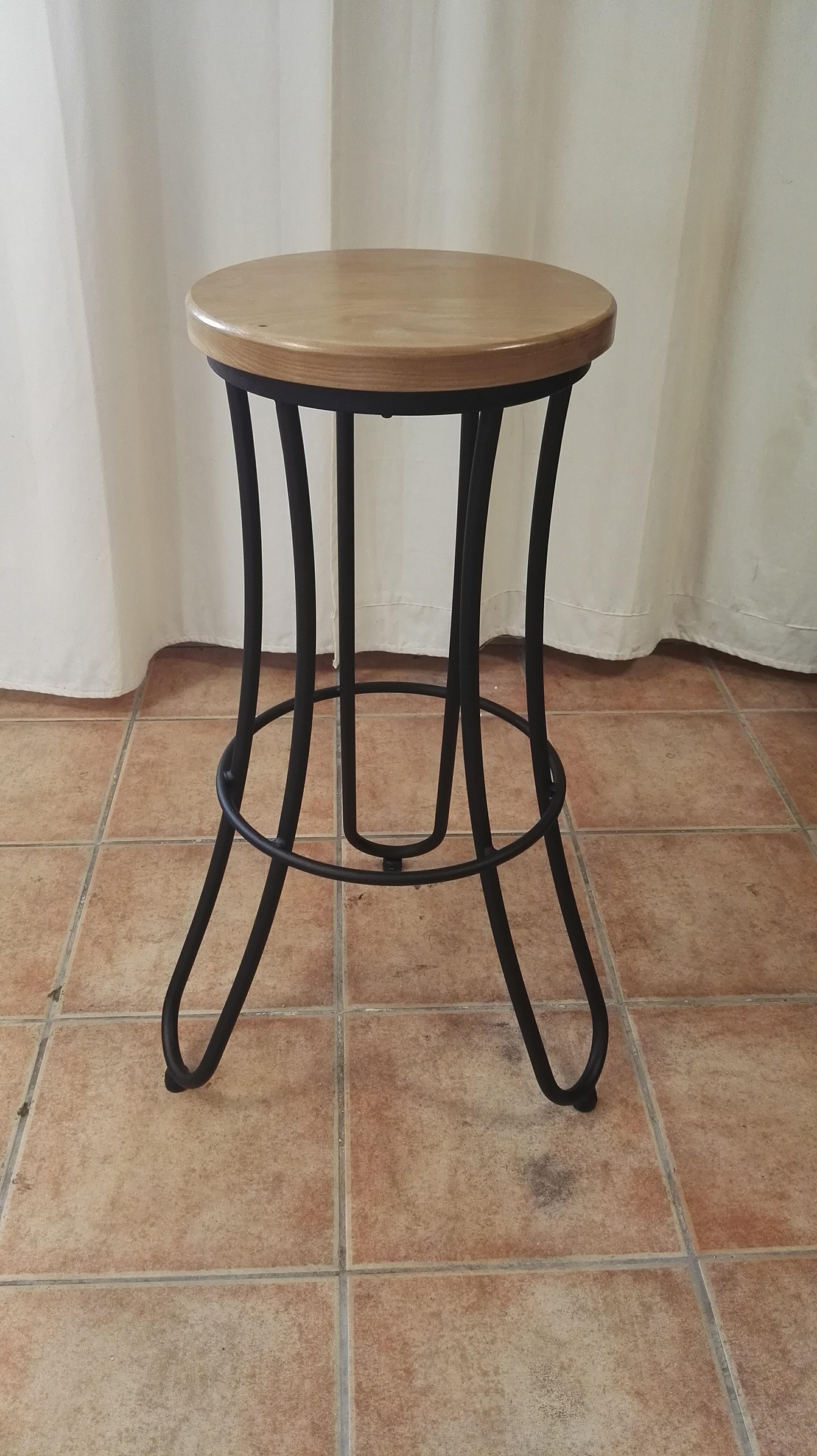 New Industrial Wrought Iron Shop Stool with Oak Seat In Excellent Condition For Sale In Miami, FL