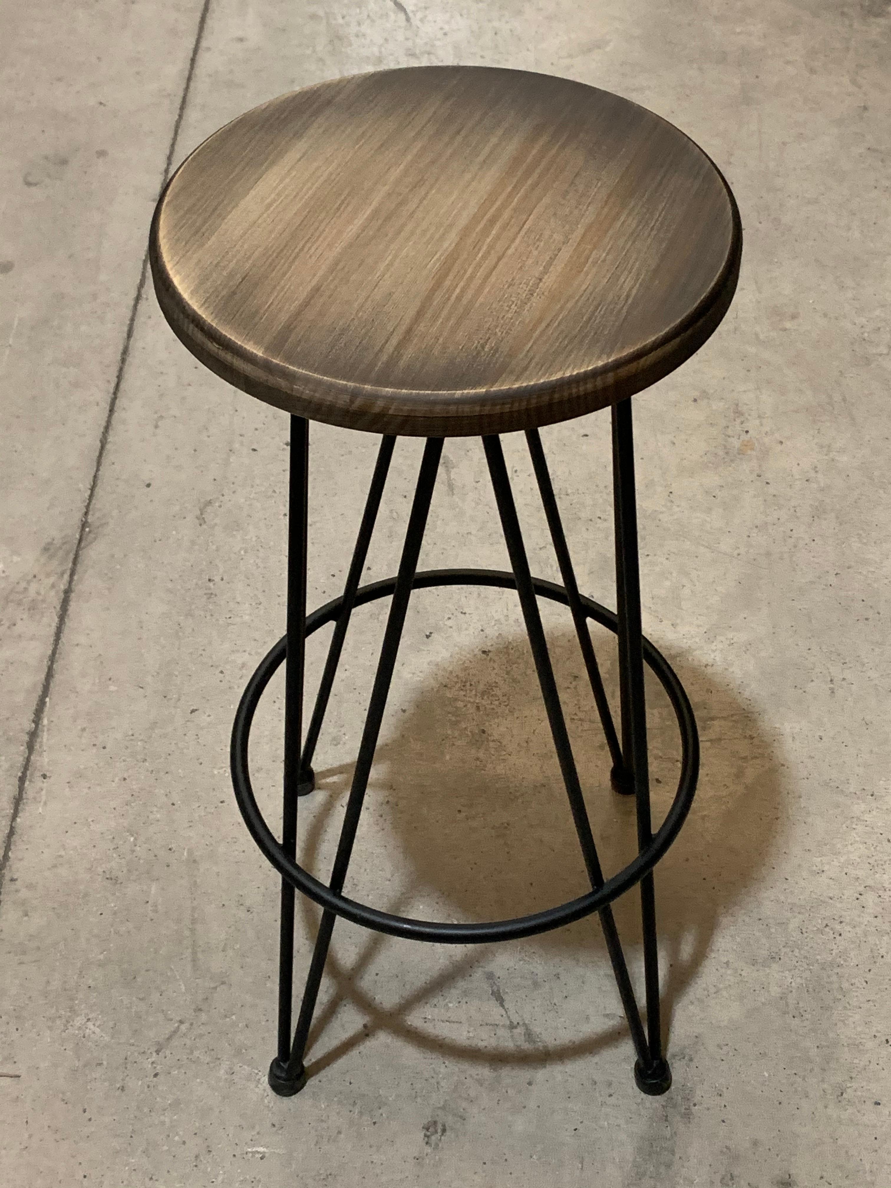 Spanish New Industrial Wrought Iron Shop Stool with Wood Seat For Sale