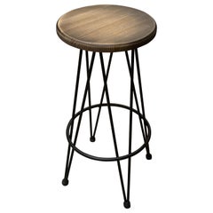 New Industrial Wrought Iron Shop Stool with Wood Seat