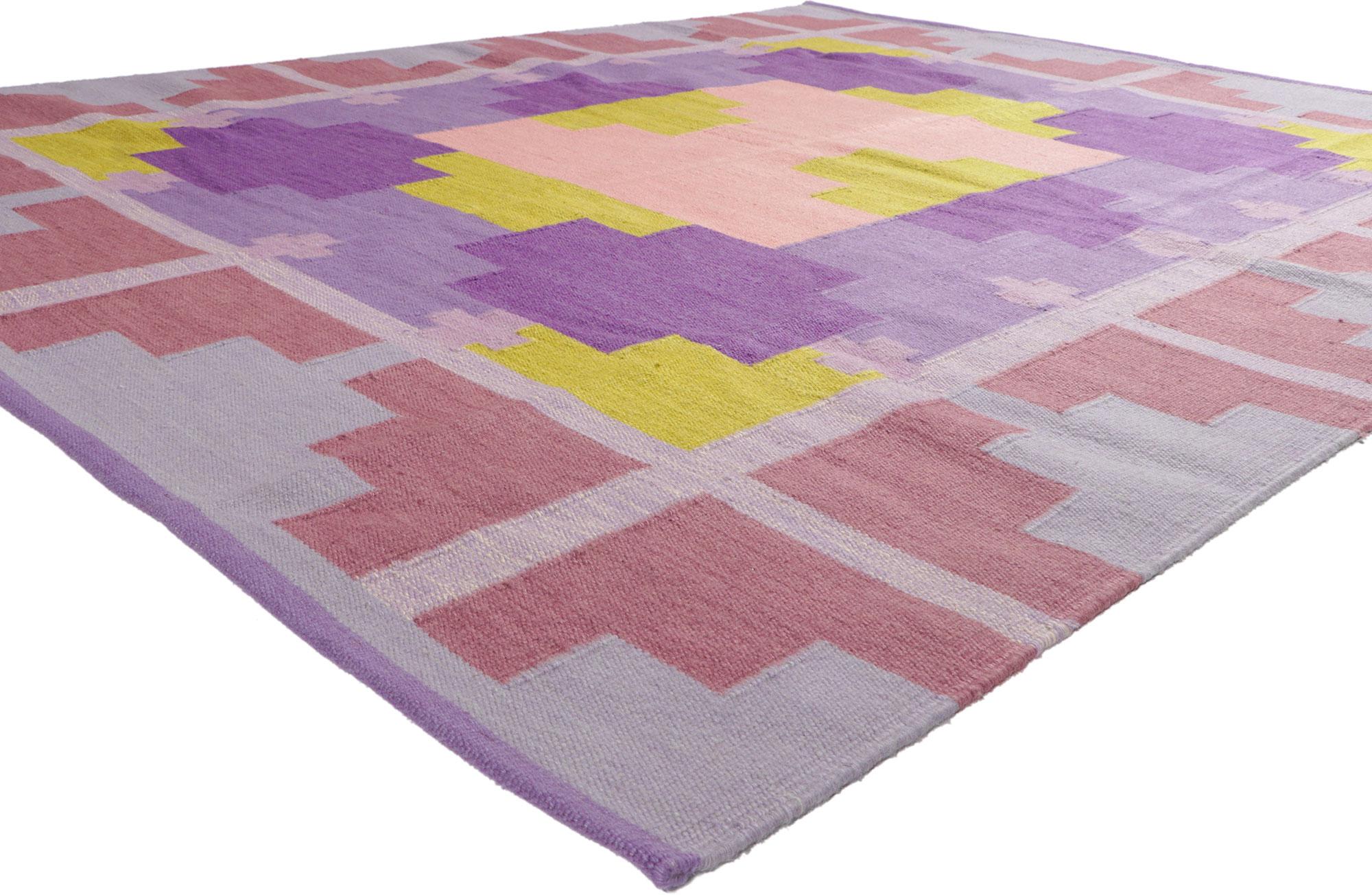 30917 New Swedish Inspired Kilim Rug, 08'02 x 10'02. 
Showcasing the bolder side of Scandinavian design, this handwoven Swedish style kilim rug is a captivating vision of woven beauty. The eye-catching geometric design and vibrant colorway woven