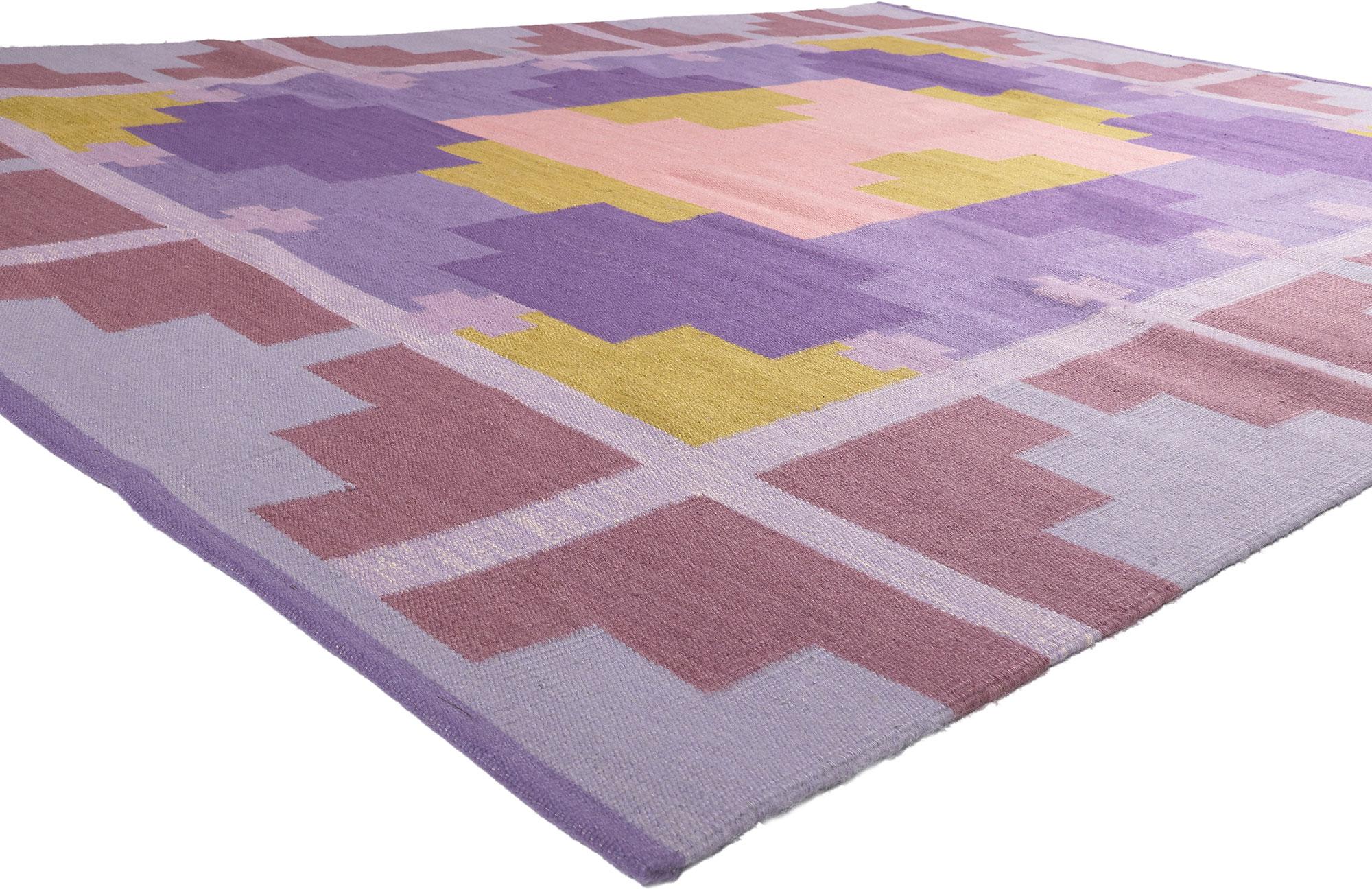30964 New Swedish Inspired Kilim Rug, 09'01 x 11'11. Showcasing the bolder side of Scandinavian design, this handwoven Swedish style kilim rug is a captivating vision of woven beauty. The eye-catching geometric design and vibrant colorway woven into