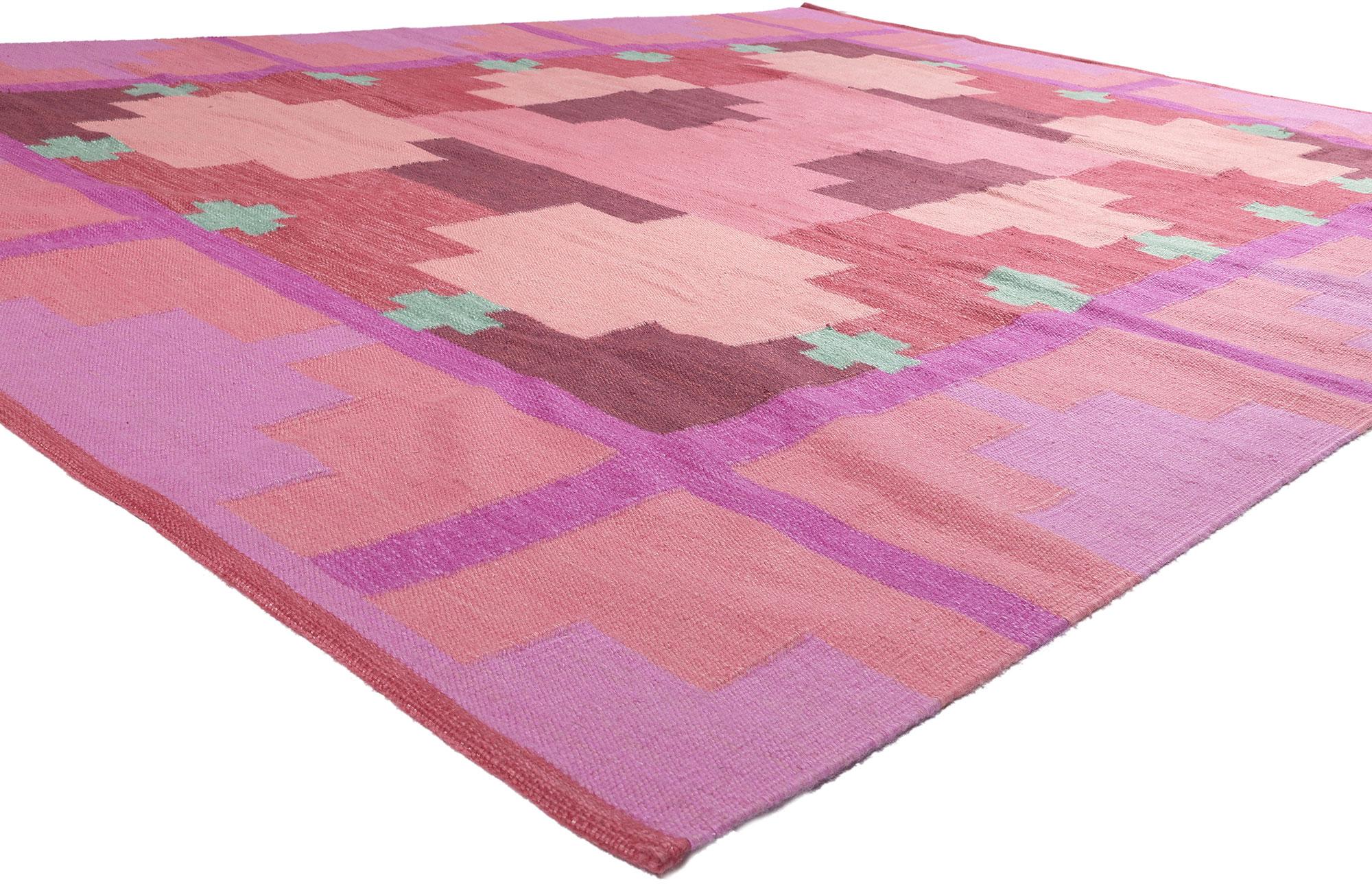 30963 New Swedish Inspired Kilim Rug, 09'01 x 11'10. Showcasing the bolder side of Scandinavian design, this handwoven Swedish style kilim rug is a captivating vision of woven beauty. The eye-catching geometric design and vibrant colorway woven into