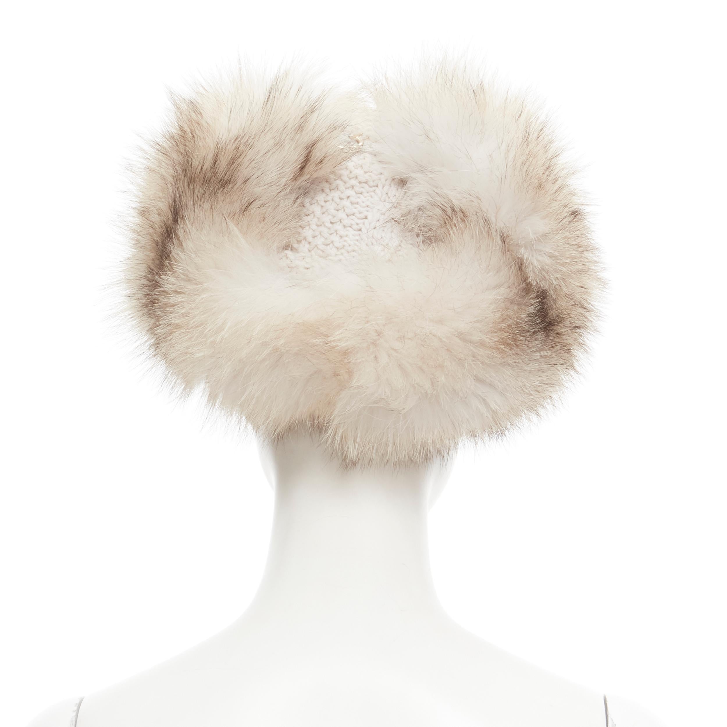Beige new INVERNI 100% cashmere arctic fox lined chunky cable knit trapper hat sz. 57