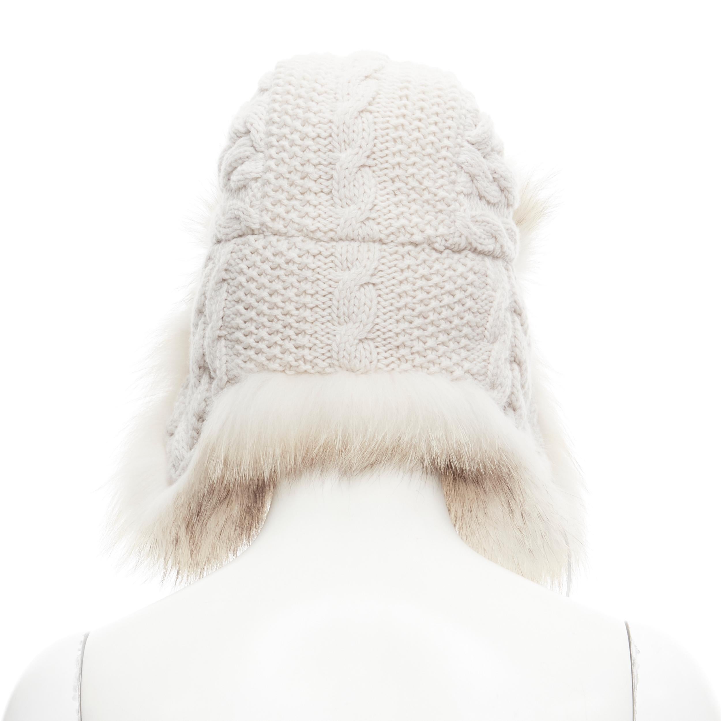 new INVERNI 100% cashmere arctic fox lined chunky cable knit trapper hat sz. 57 In New Condition In Hong Kong, NT