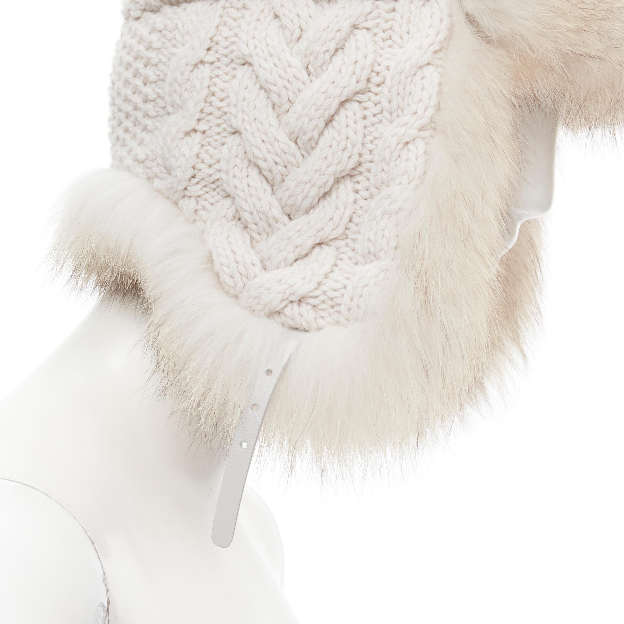 Women's new INVERNI 100% cashmere arctic fox lined chunky cable knit trapper hat sz. 57