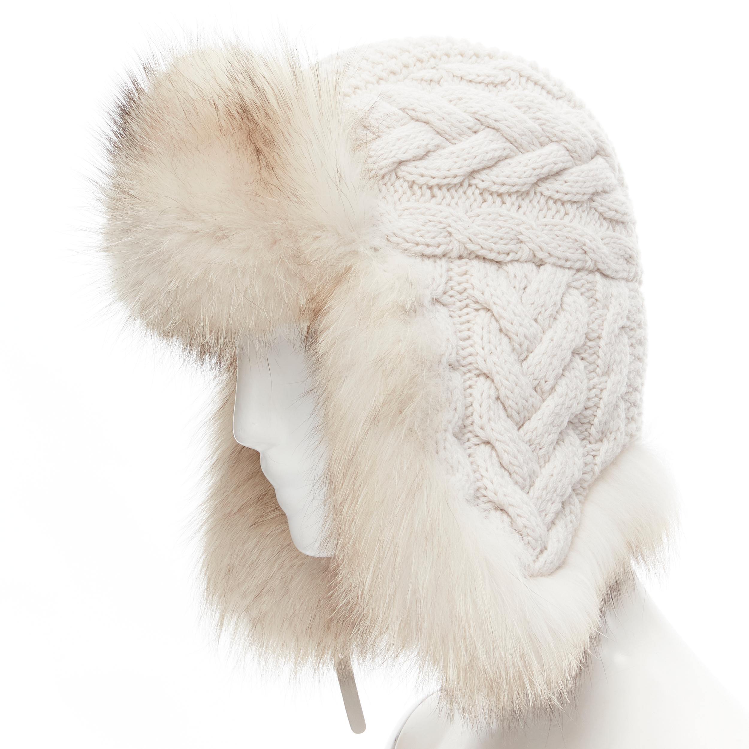 new INVERNI 100% cashmere arctic fox lined chunky cable knit trapper hat sz. 57 1