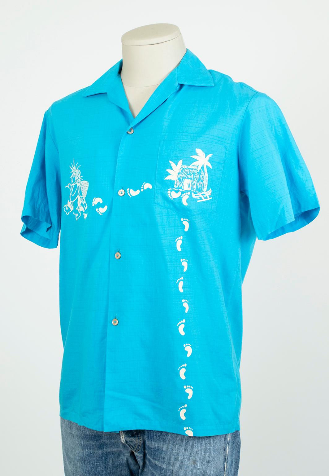 Männer Iolani Sportbekleidung bemalt Türkis Hawaii Footprint Shirt-M, 1950er Jahre (Blau) im Angebot
