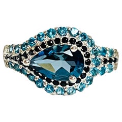 Neuer irradiierter birnenblauer Topas schwarzer Spinell 14k vergoldeter Sterling Ring Größe 8