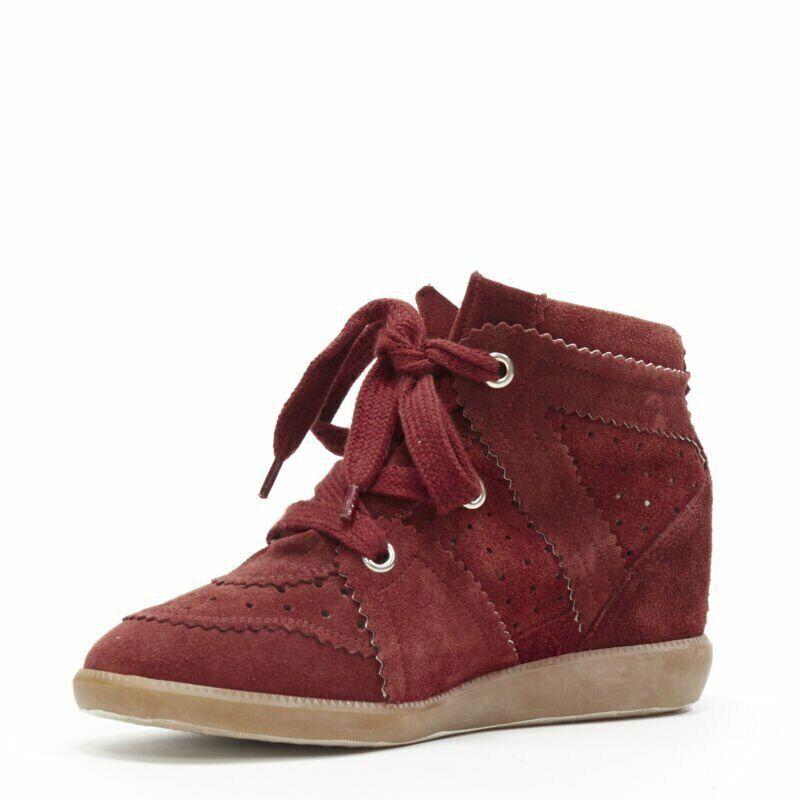 new ISABEL MARANT Bobby Burgundy suede lace up concealed wedge sneaker EU38 1