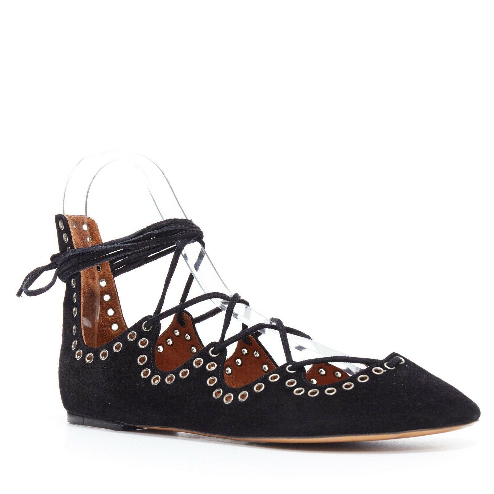 new ISABEL MARANT Leo black suede studded grommet lace up ballet flat shoes EU37
ISABEL MARANT
Leo flats. 
Black genuine suede leather rupper. 
Round toe. 
Waxy topline. 
Silver-tone grommet embellishment. 
Lace up fastening. 
Flat heel. 
Padded