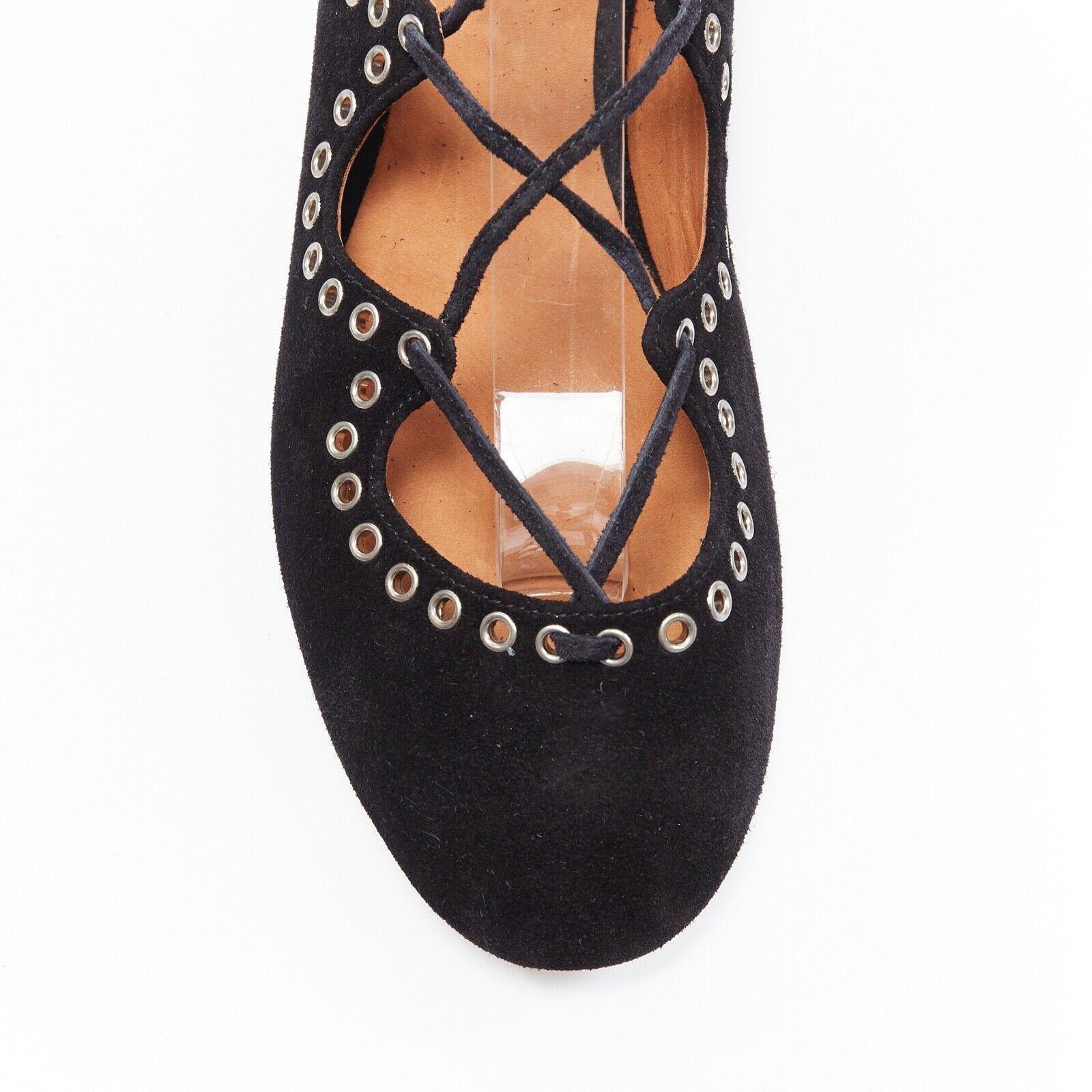 Women's new ISABEL MARANT Leo black suede studded grommet lace up ballet flat shoes EU37