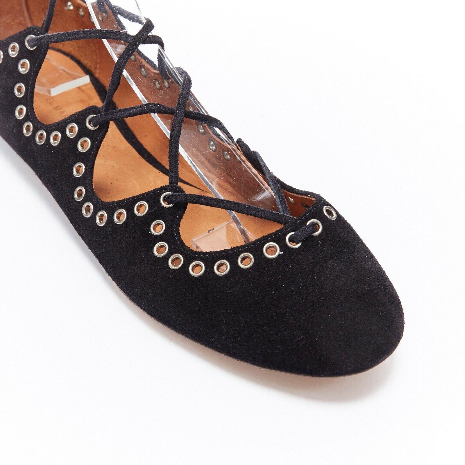 new ISABEL MARANT Leo black suede studded grommet lace up ballet flat shoes EU37 1