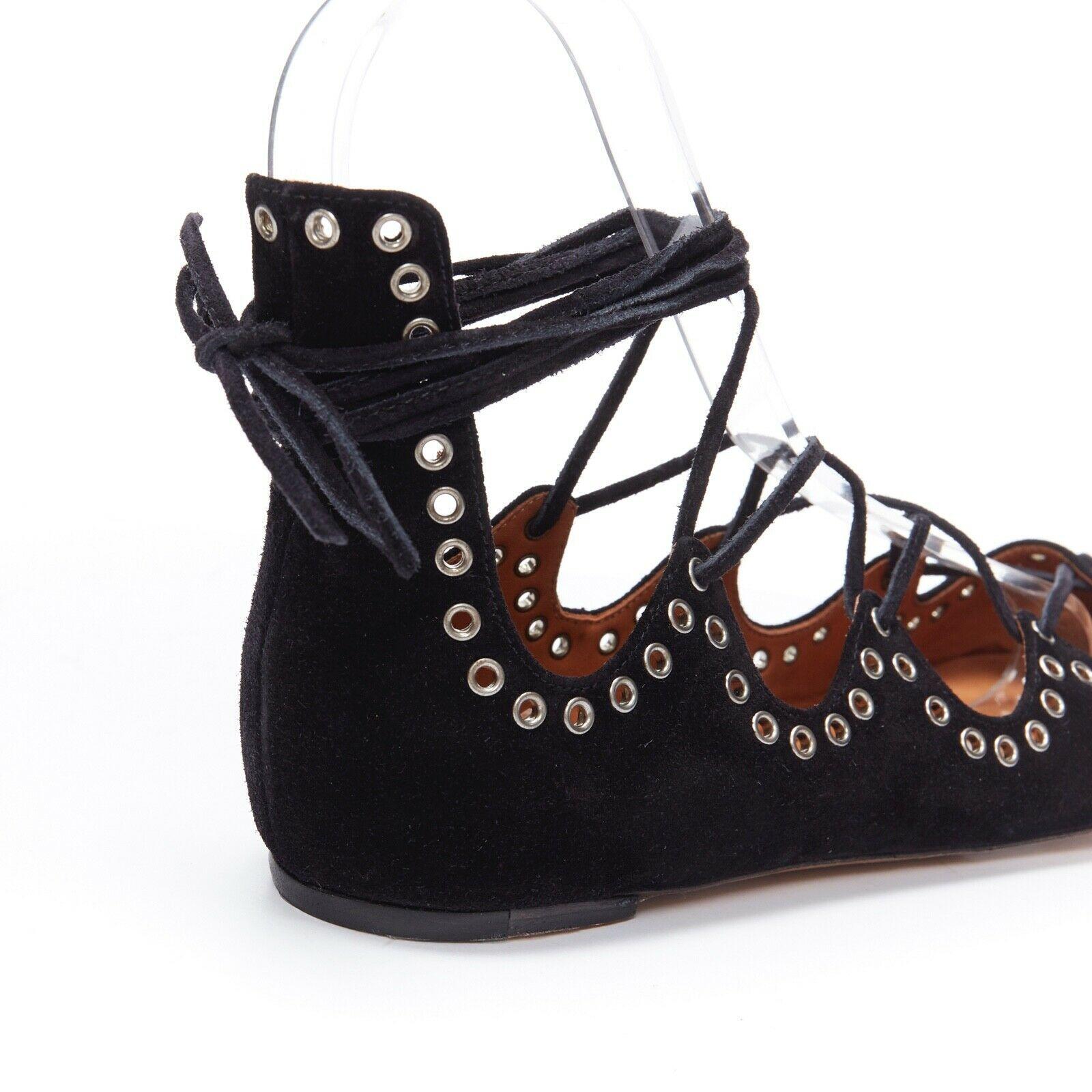 new ISABEL MARANT Leo black suede studded grommet lace up ballet flat shoes EU37 2