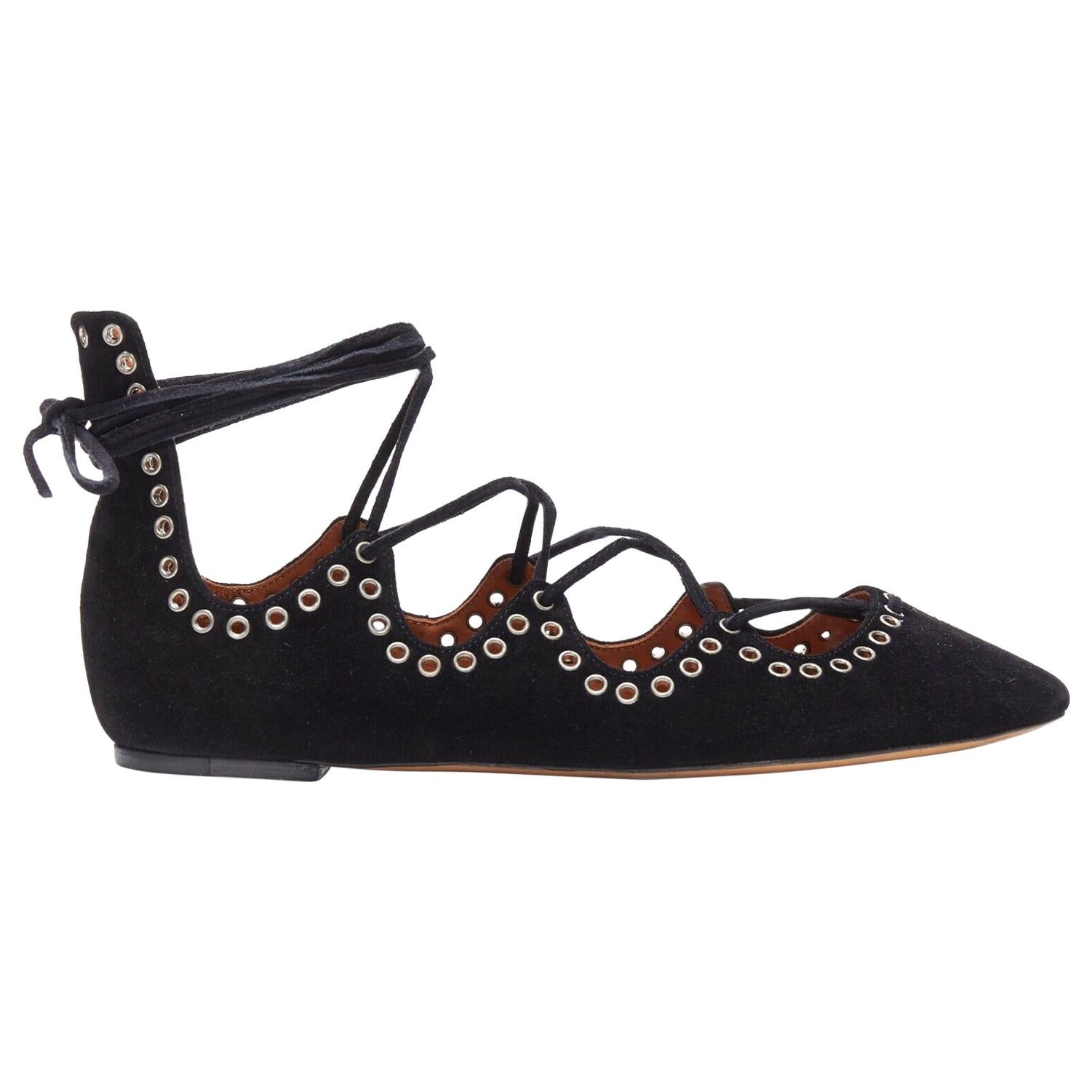 new ISABEL MARANT Leo black suede studded grommet lace up ballet flat shoes EU37