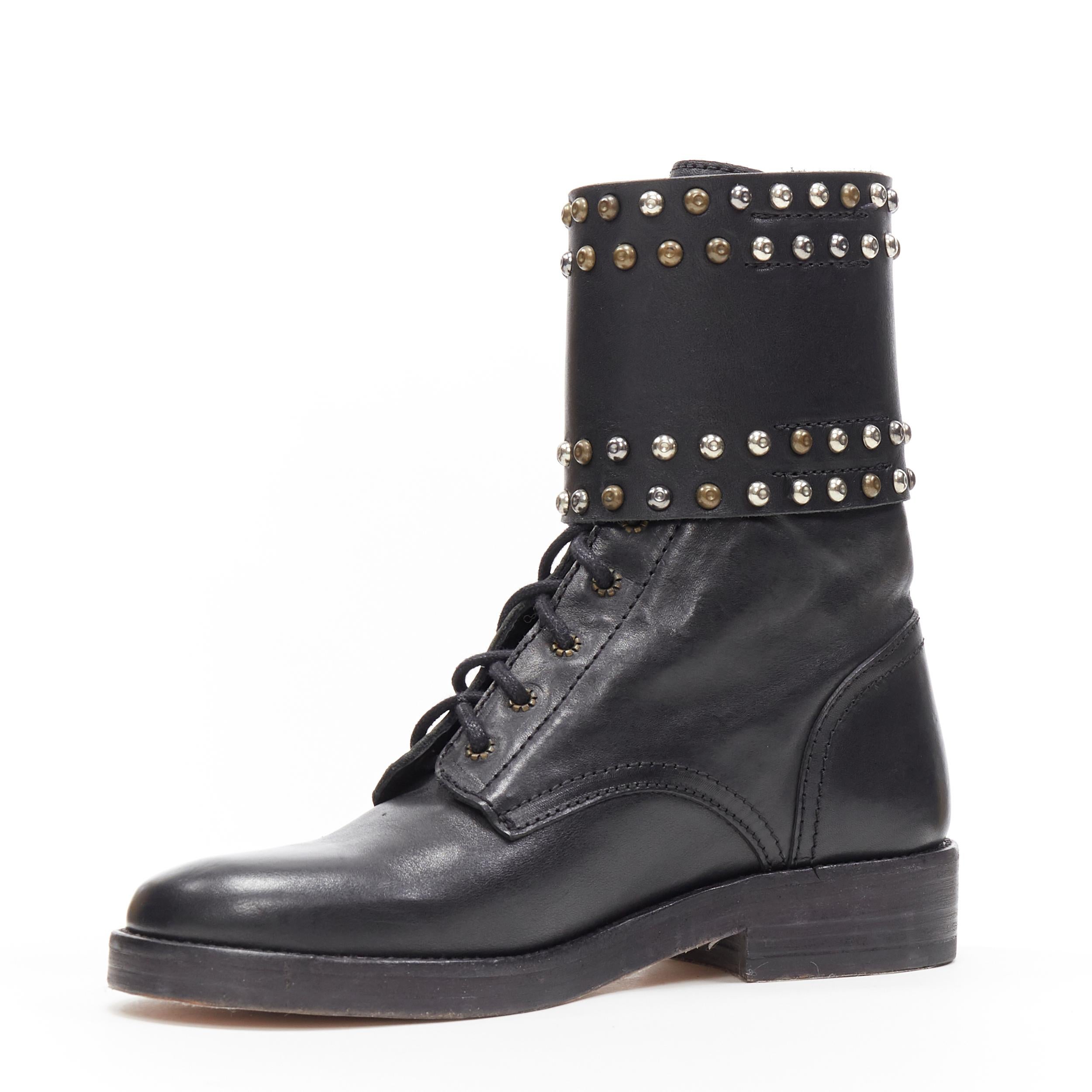Donna nuovo ISABEL MARANT Teylon nero in pelle di vitello con borchie e stivali da combattimento EU38