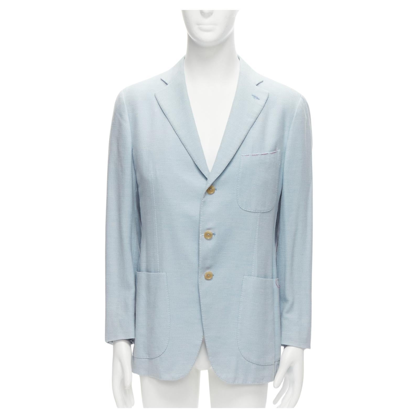 new ISAIA Dustin 100% cotton light blue topstitch collar 3 pockets blazer IT50 L For Sale