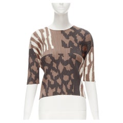 new ISSEY MIYAKE PLEATS PLEASE brown ethnic abstract print plisse pleated top L