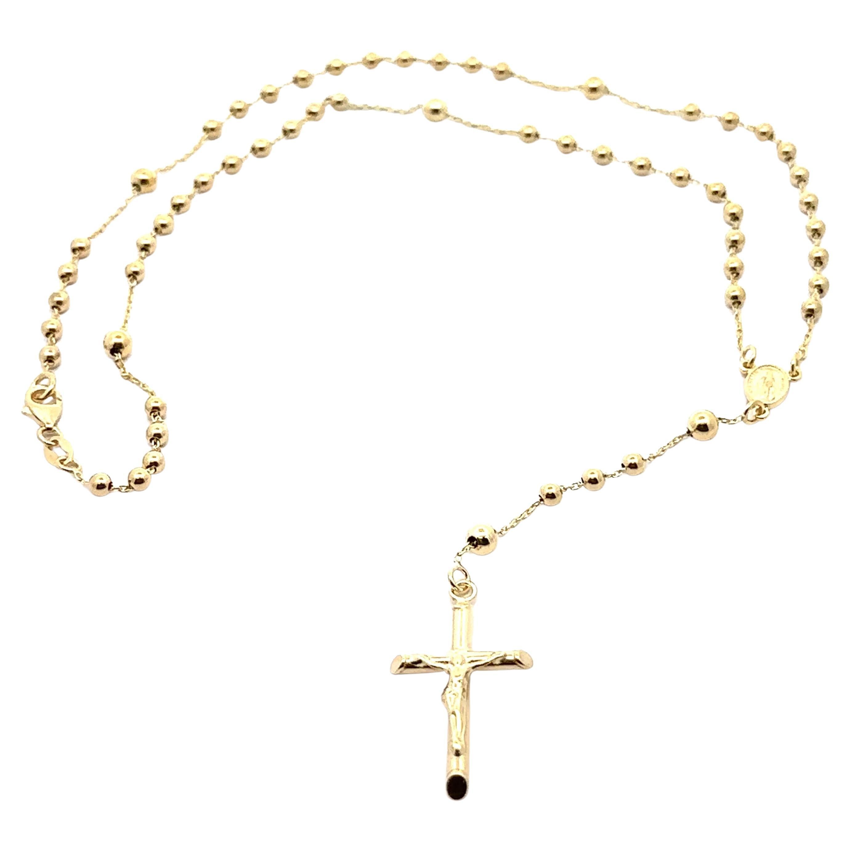 New Italian 14k Gold 17.5" Classic Polished Beads Rosary Necklace Crucifix Cross