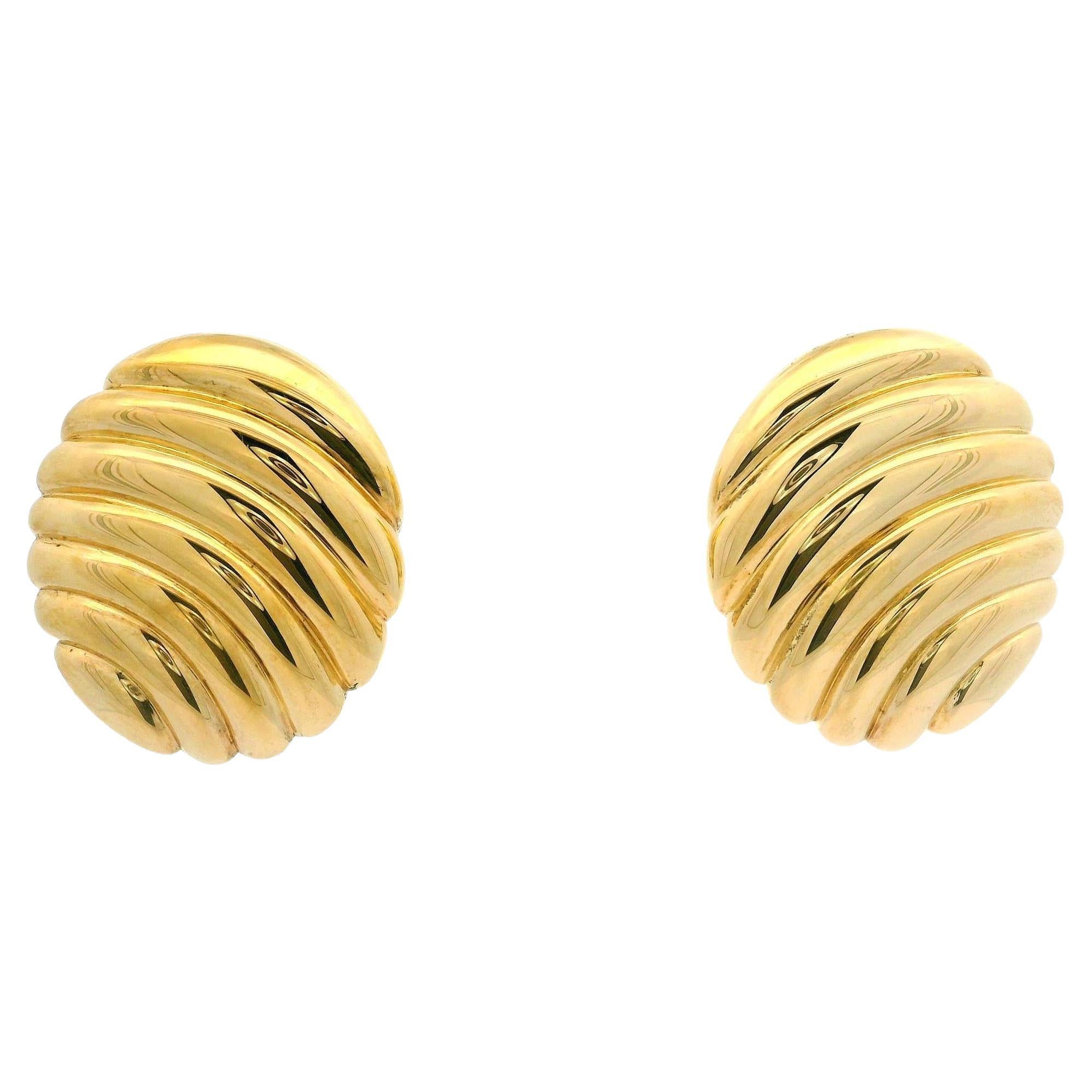New Italian 14k Yellow Gold Oval Grooved Puffed Oval Button Omega Earrings