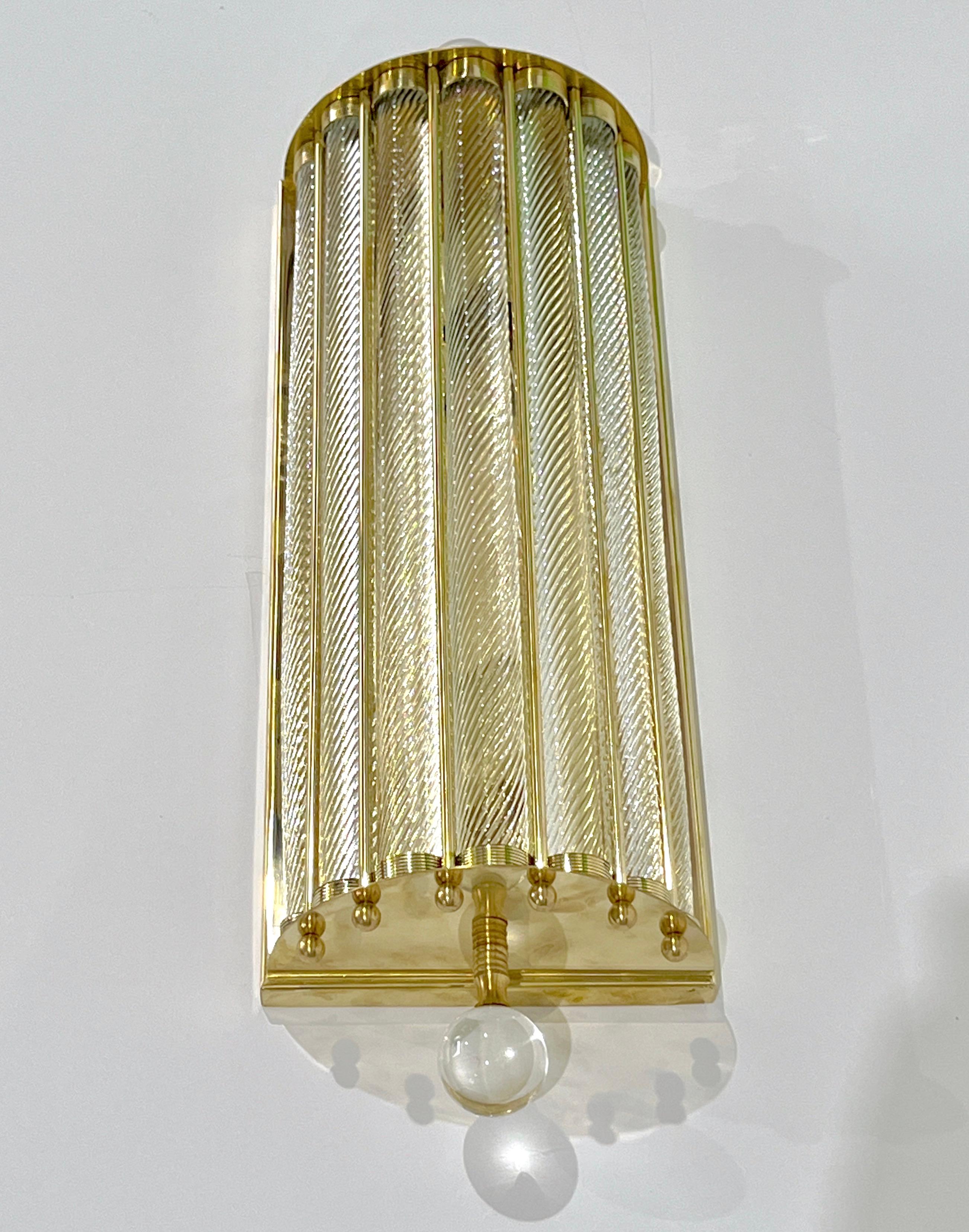 Organic Modern New Italian Art Deco Design Crystal Ball Murano Glass Half Moon Brass Sconces For Sale