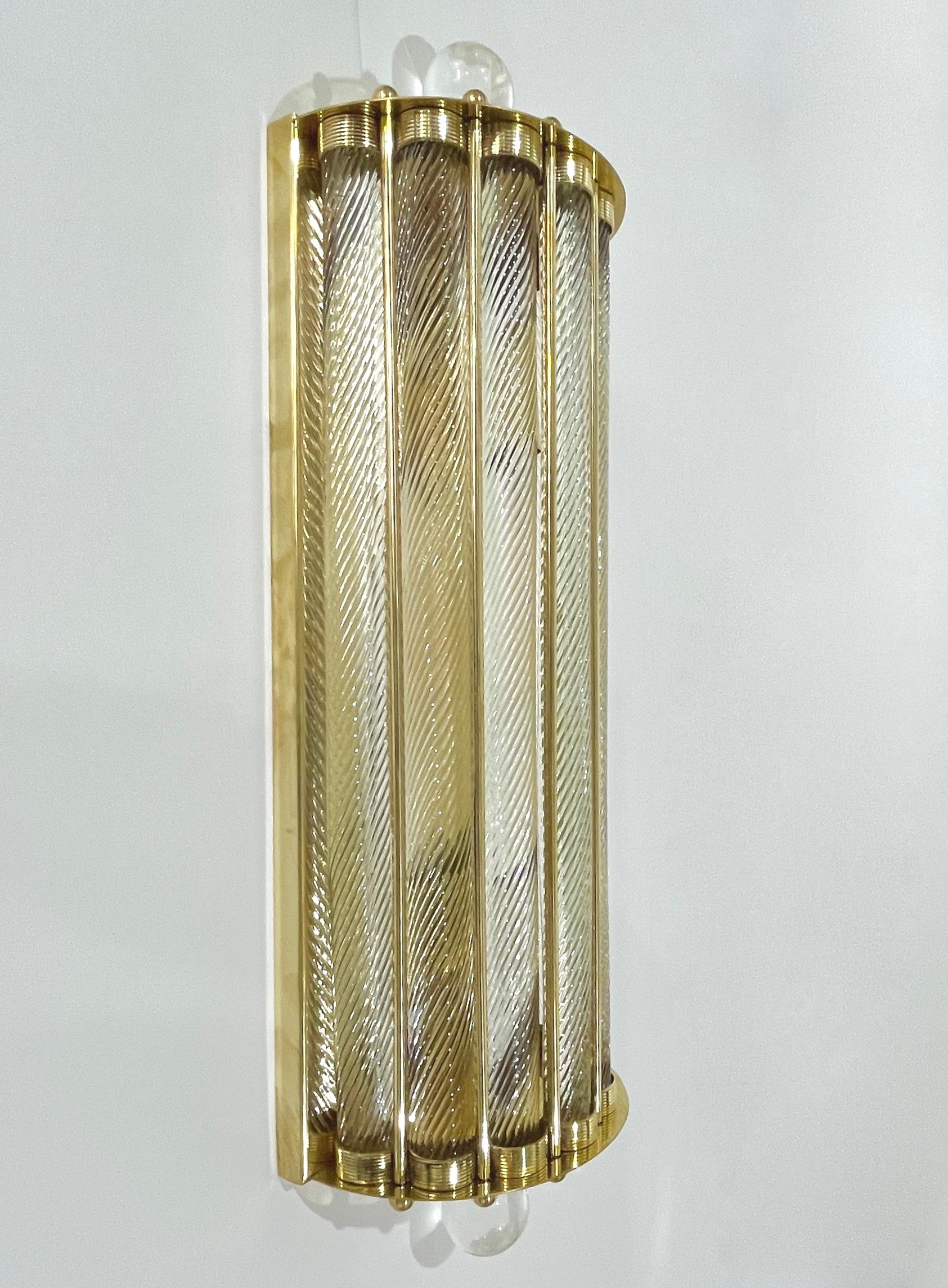 New Italian Art Deco Design Crystal Ball Murano Glass Half Moon Brass Sconces In New Condition For Sale In New York, NY