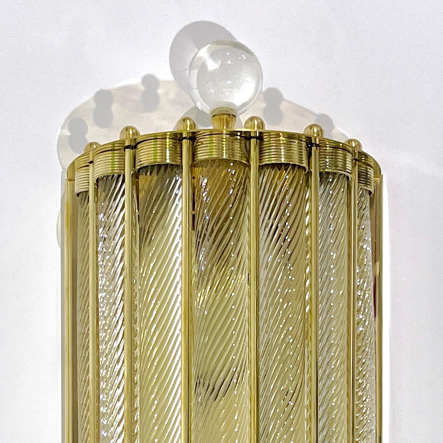 Contemporary New Italian Art Deco Design Crystal Ball Murano Glass Half Moon Brass Sconces For Sale