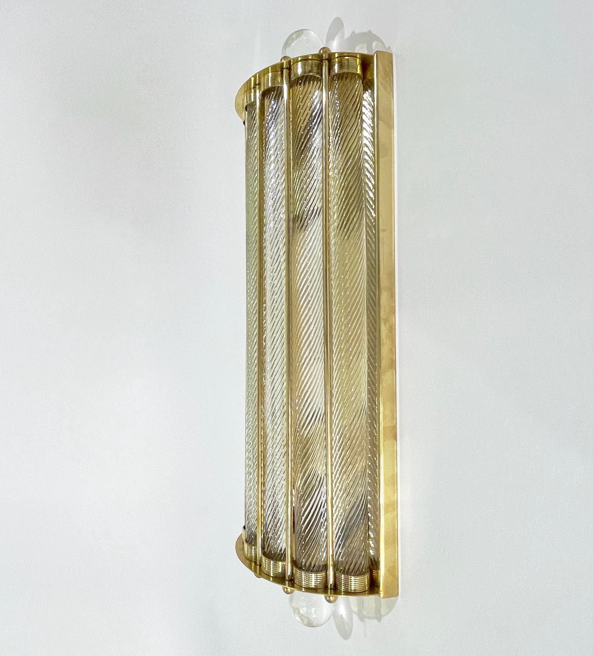 New Italian Art Deco Design Crystal Ball Murano Glass Half Moon Brass Sconces For Sale 1