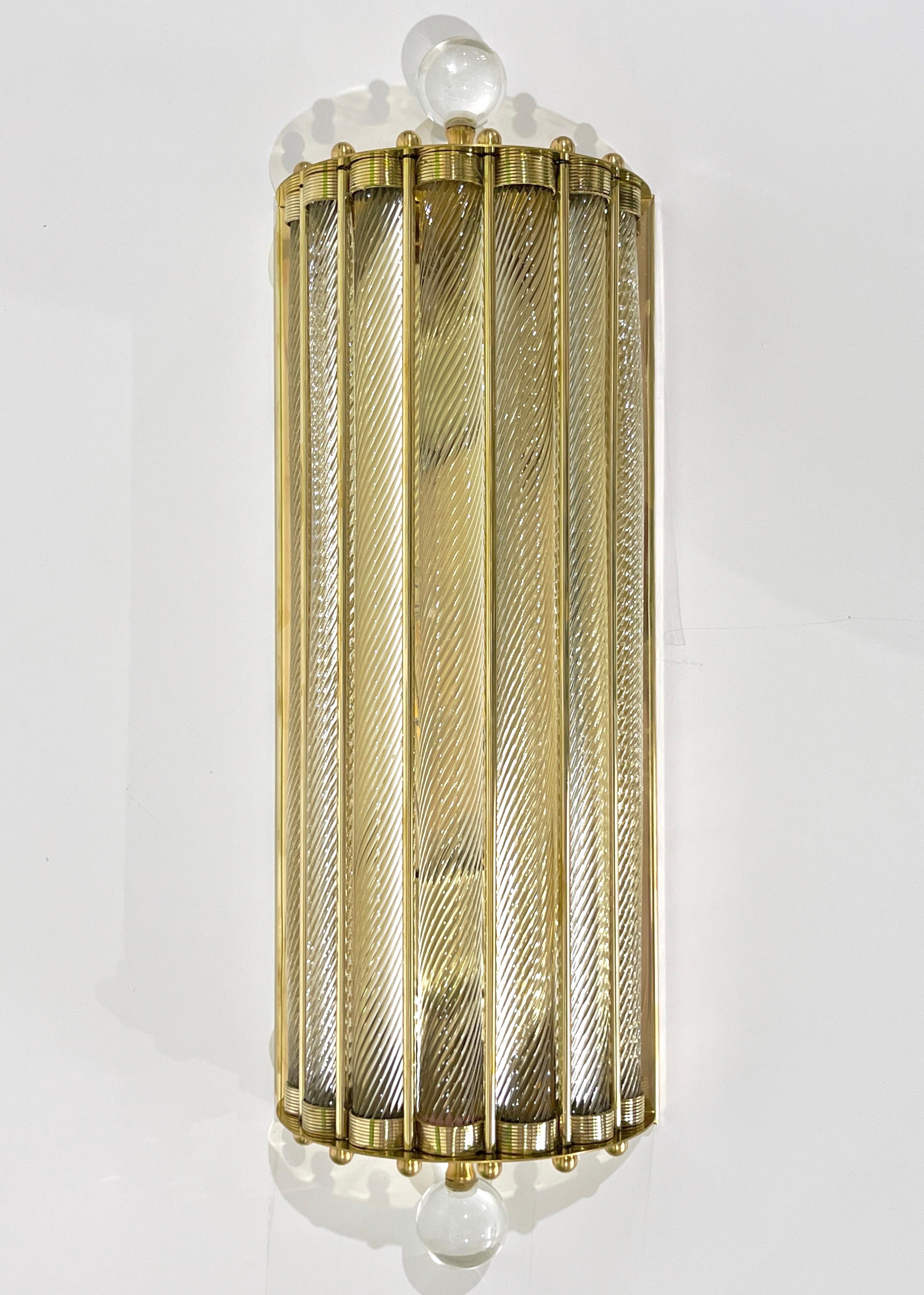 New Italian Art Deco Design Crystal Ball Murano Glass Half Moon Brass Sconces For Sale 2