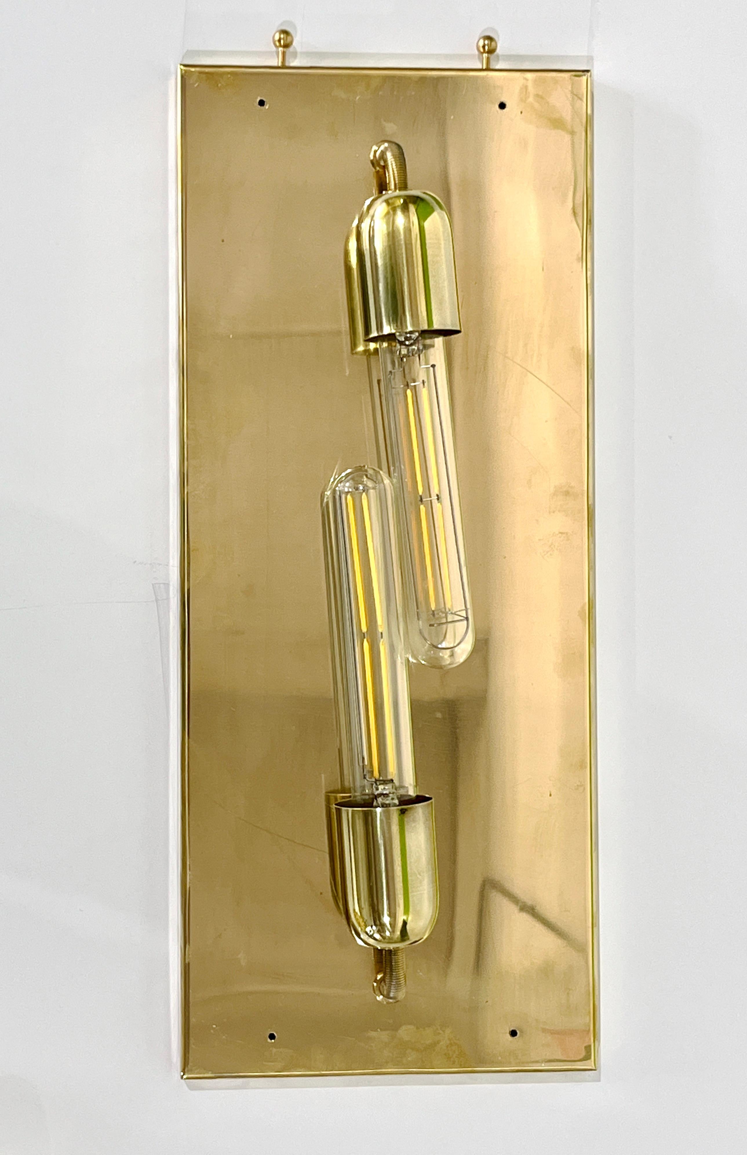 New Italian Art Deco Design Crystal Ball Murano Glass Half Moon Brass Sconces For Sale 2