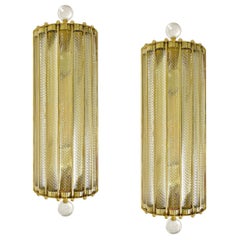New Italian Art Deco Design Crystal Ball Murano Glass Half Moon Brass Sconces