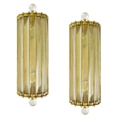New Italian Art Deco Design Crystal Ball Murano Glass Half Moon Brass Sconces