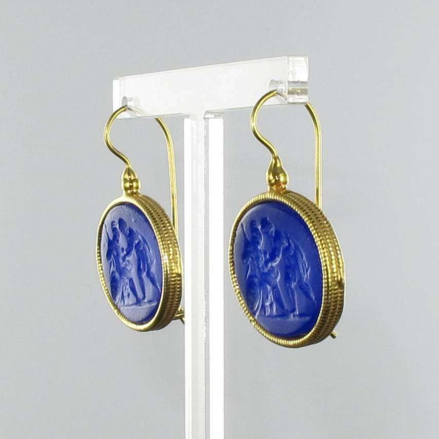 New Italian Blue Intaglio Vermeil Pendant Earrings 2
