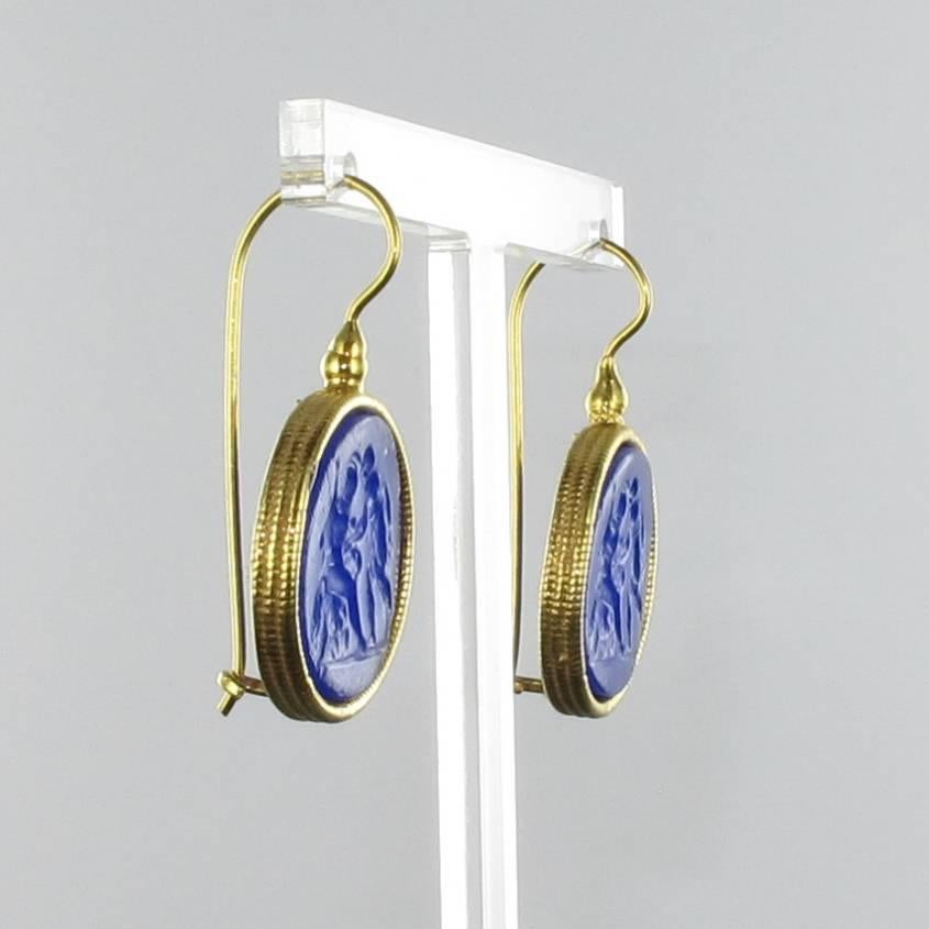 New Italian Blue Intaglio Vermeil Pendant Earrings 4